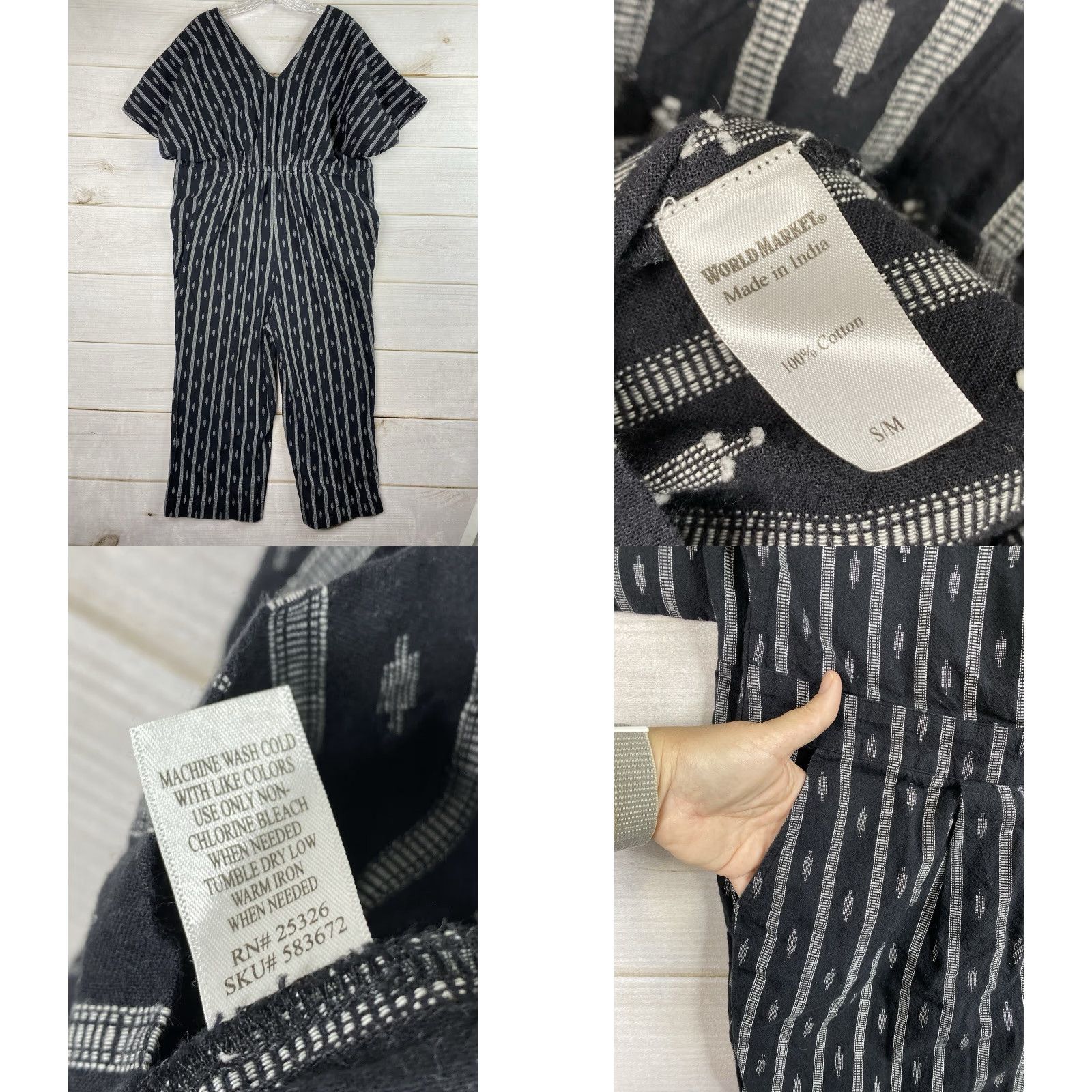 Vintage World Market Jumpsuit S Striped Black Dolman Sleeve V-Neck Casual Women’s One-Piece Beach Bohemian 90s Theme Size 28" / US 6 / IT 42 - 8 Thumbnail