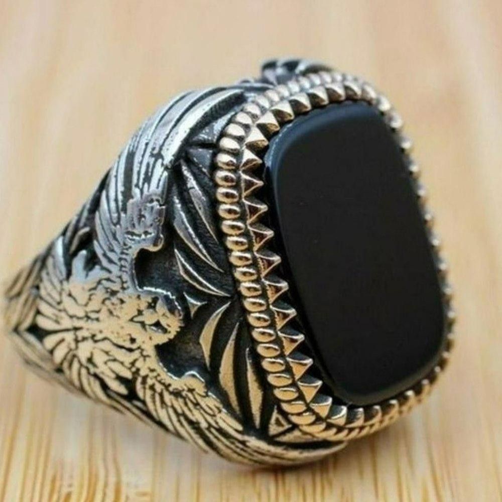 Designer Men's Golden Black Eagle Big Retro Silver Ring - Size 6 Size ONE SIZE - 6 Thumbnail