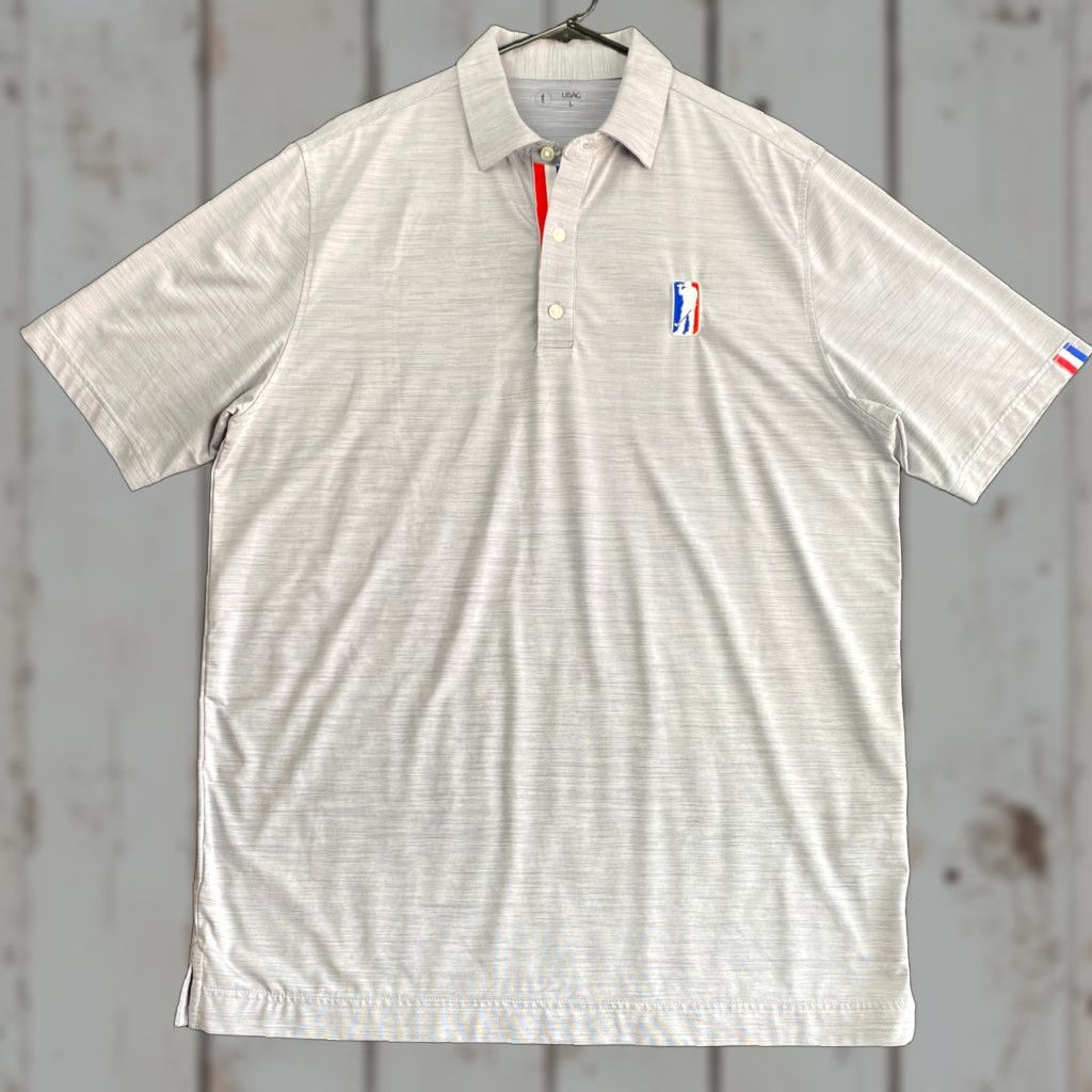 Vintage VINTAGE? Wait no - The item is not vintage per specs. So: USAG Polo Shirt Men L Gray Red White USA Embroidered Logo Golf Shirt Short Sleeve Activewear Size US L / EU 52-54 / 3 - 1 Thumbnail