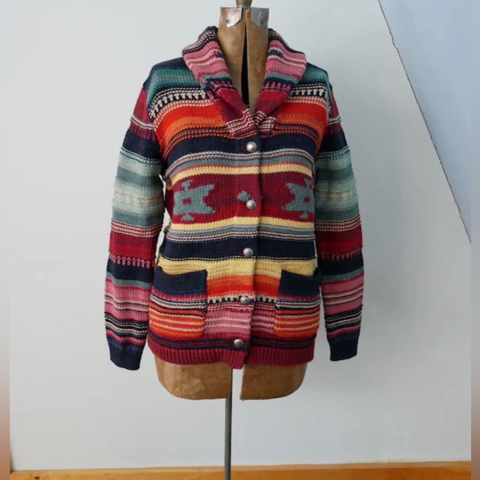 image of Polo Ralph Laurent Southwestern Aztec Rainbow Cardigan in Red, Women's (Size 2XL)