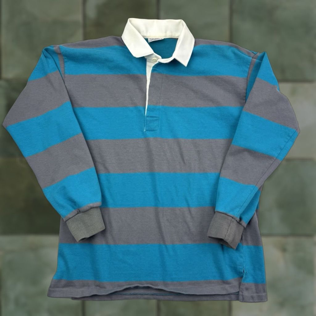 Vintage VINTAGE Electric Avenue Polo Shirt Adult M Striped Blue 80s Collar Long Sleeve 100% Cotton Mens Size US M / EU 48-50 / 2 - 1 Thumbnail