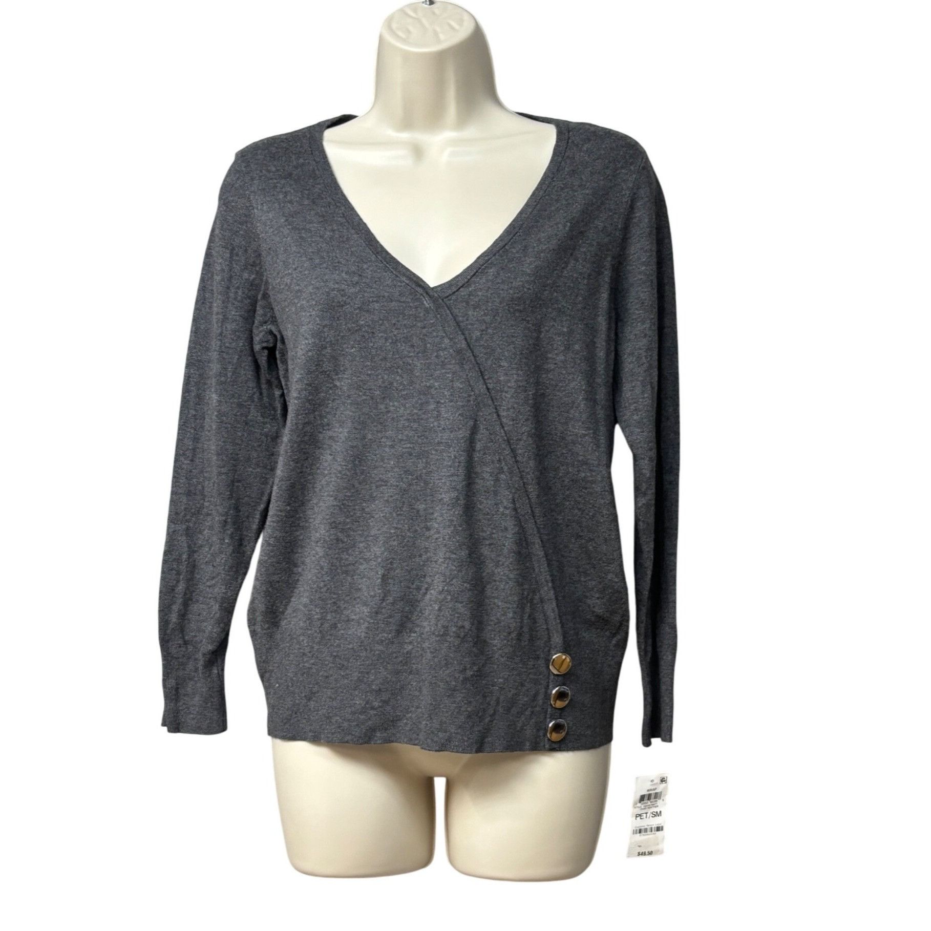 JM Collection JM Collections Petite Button-Embellished Sweater, Charcoal H Size ONE SIZE - 2 Thumbnail