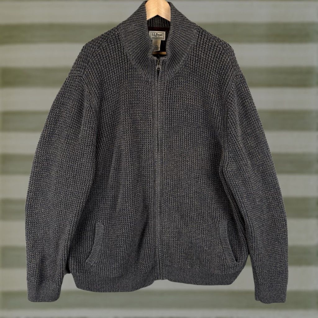 Vintage L.L. Bean Sweater Mens 3XL Gray Full Zip Heavyweight Waffle-Knit Organic Cotton Casual Boys Mens Womens Size US XXL / EU 58 / 5 - 1 Thumbnail