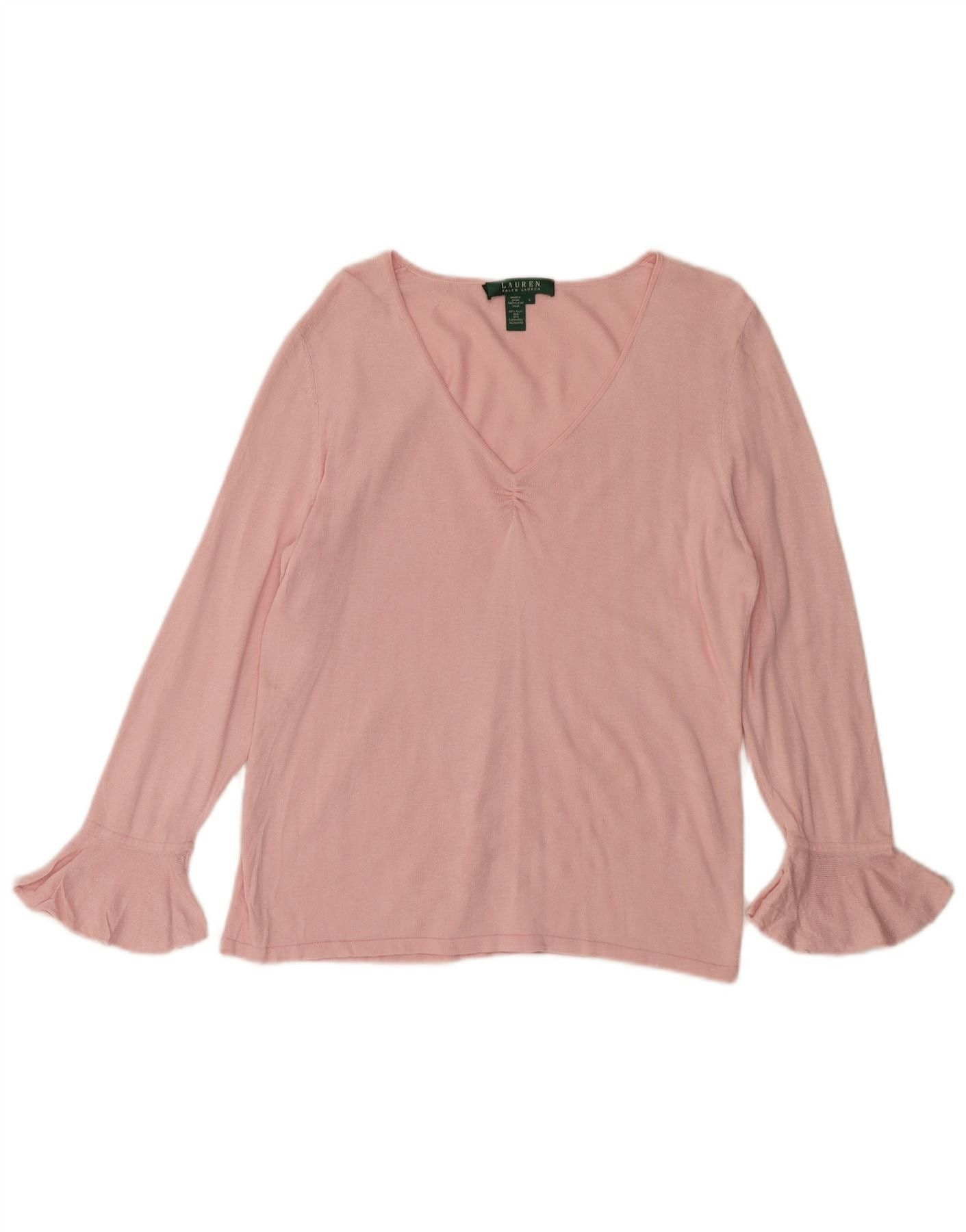 Ralph Lauren Womens 3/4 Sleeve V-Neck Jumper Sweater UK 14 Large Pink Sil Size XS / US 0-2 / IT 36-38 - 1 Thumbnail