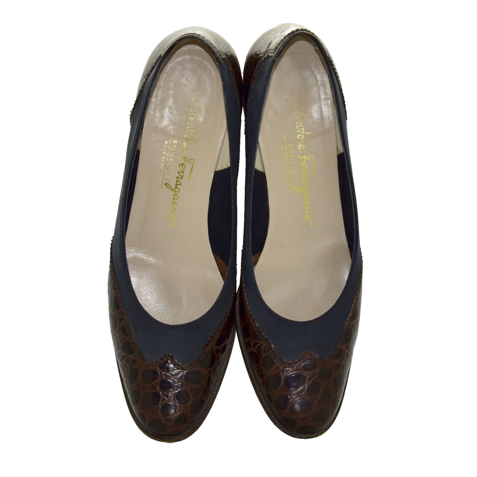 Salvatore Ferragamo SALVATORE FERRAGAMO Brown Croc Embossed Leather Pumps 7.5 Size US 7.5 / IT 37.5 - 1 Thumbnail