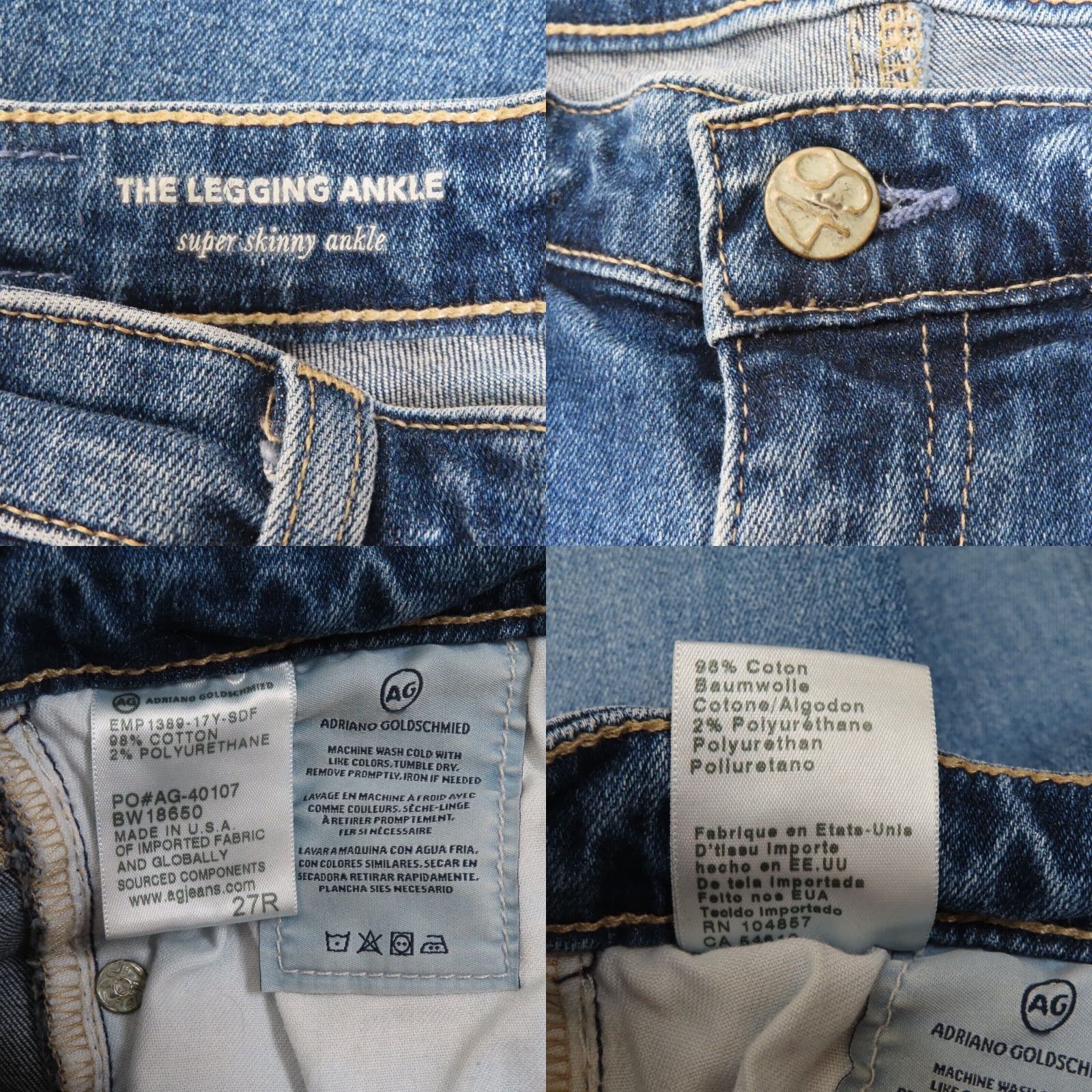 Denime AG Adriano Goldschmied Womens Jeans 27 Legging Super Skinny Ankle Denim Blue 5-Pocket Stretch Regular Vintage No N/A Size 27" / US 4 / IT 40 - 8 Thumbnail