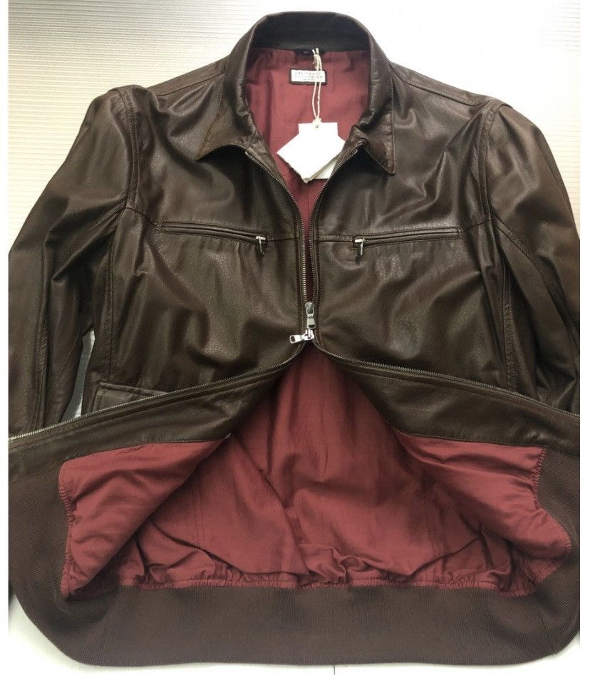 Brunello Cucinelli Brunello Cucinelli 🇮🇹 mocha leather silk lined bomber L NWT Size US L / EU 52-54 / 3 - 3 Thumbnail