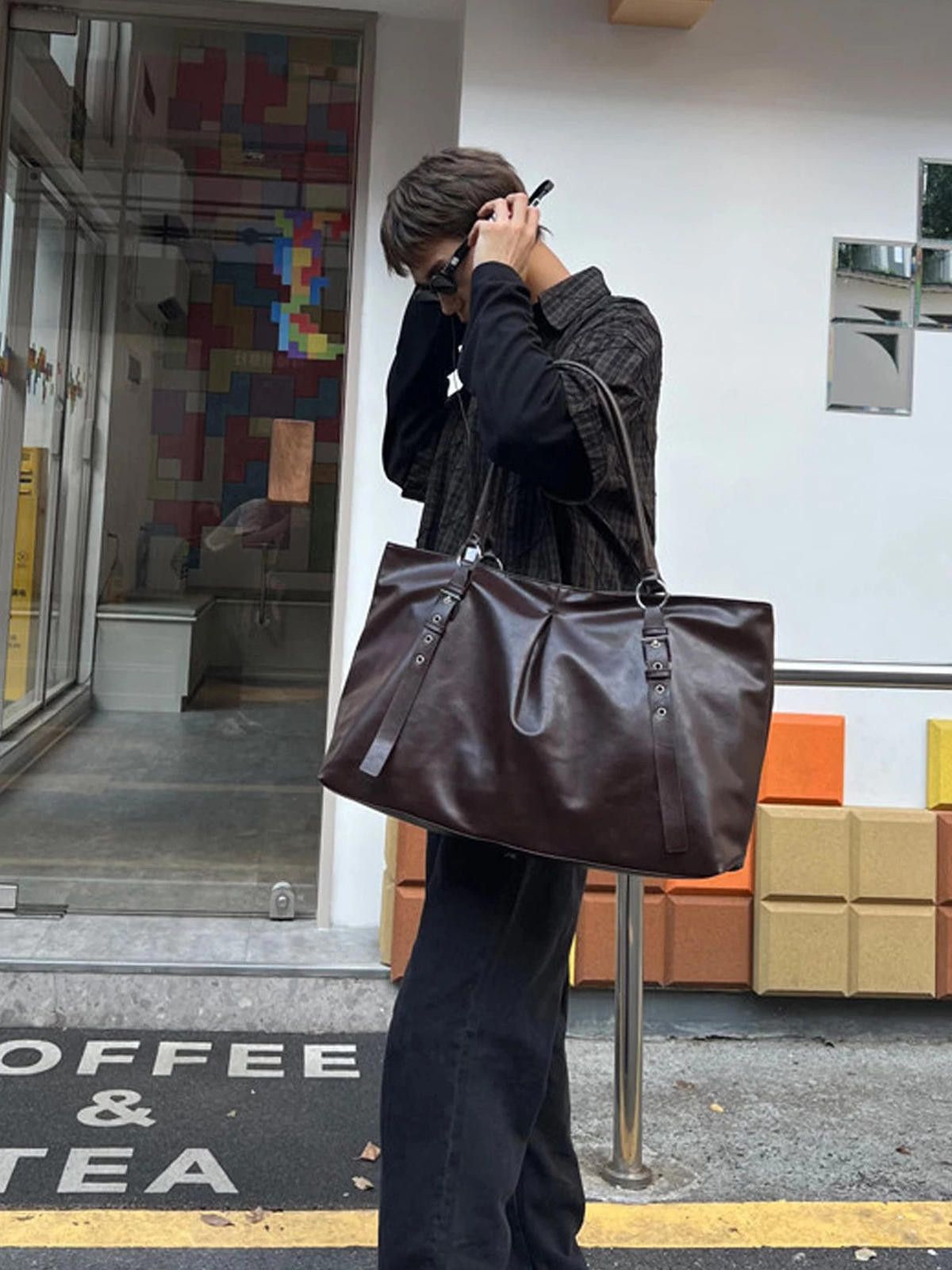 Leather Dark Brown Large Leather Tote Bag, Oversized Shoulder Bag Size ONE SIZE - 4 Thumbnail