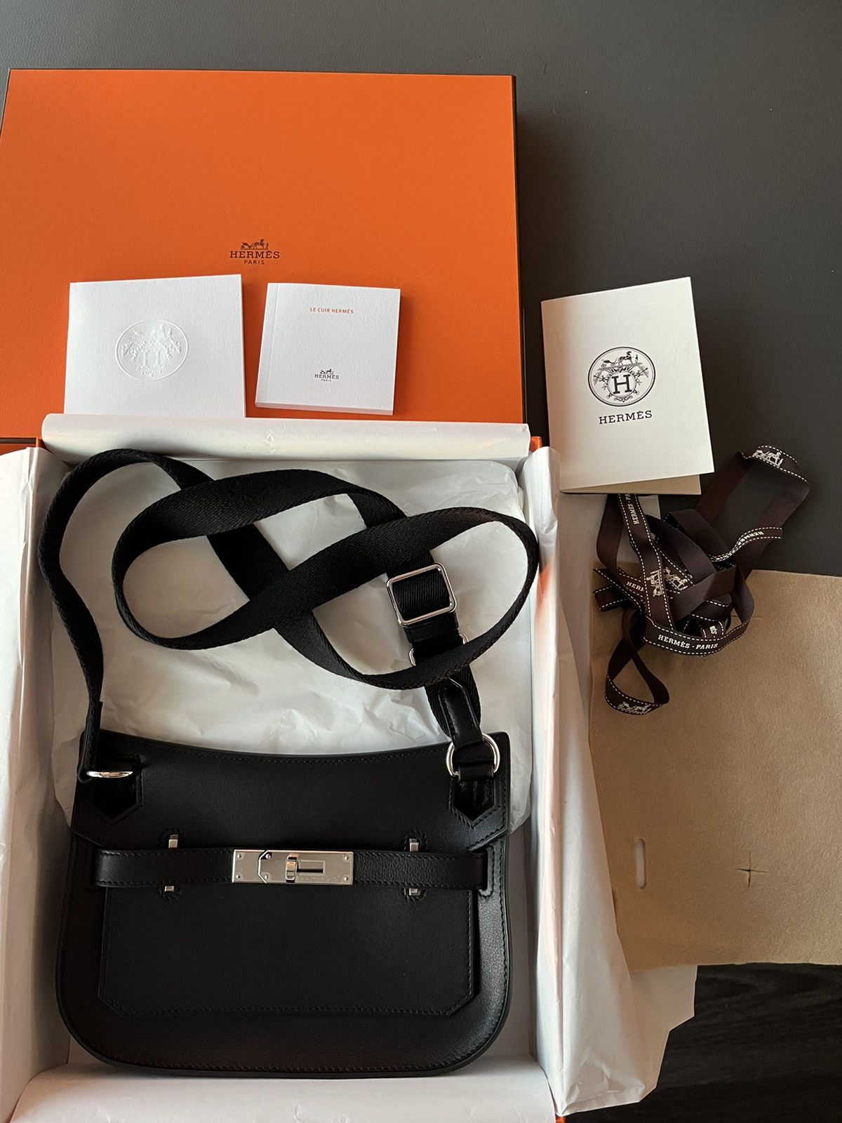 Hermes 2024 W Mini Jypsiere Bag Evergrain Full Set in Black, Men's