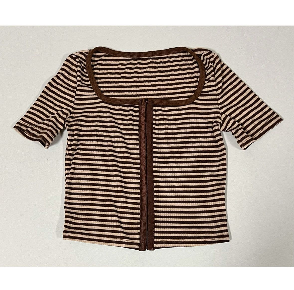 Japanese Brand Brown Tan Beige Striped Corset Shirt Top Blouse Tee Size S🤎✨ Size S / US 4 / IT 40 - 1 Thumbnail