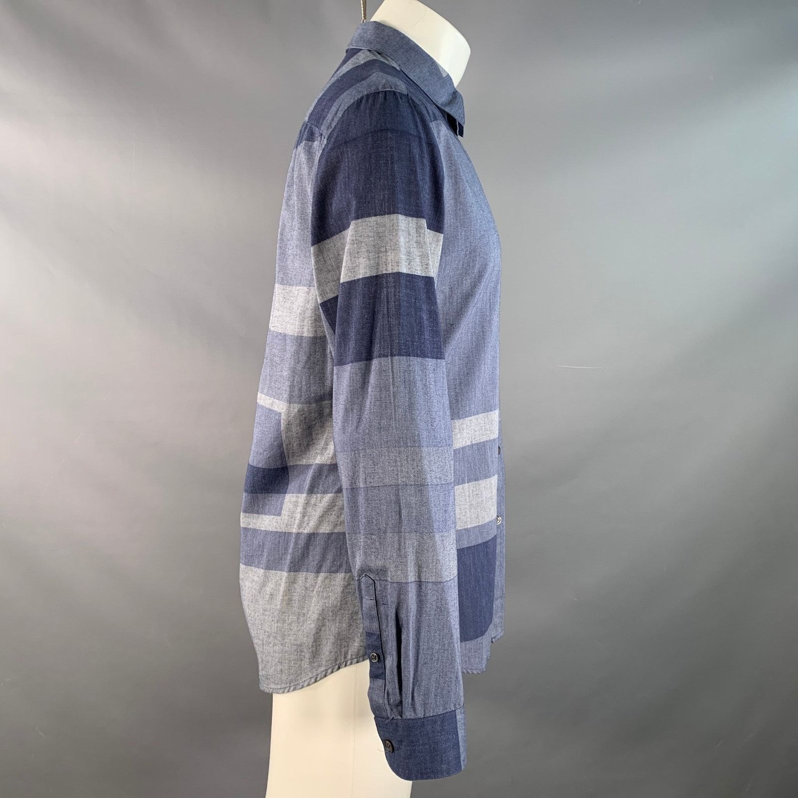 Elie Tahari M Blue Navy Color Block Cotton One pocket Long Sleeve Shirt Size US M / EU 48-50 / 2 - 2 Thumbnail