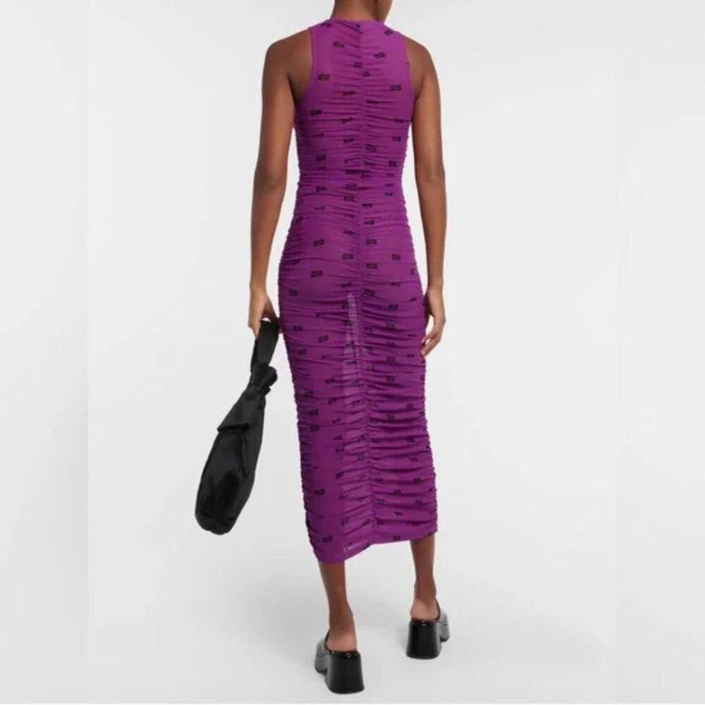Ganni GANNI Printed Ruched Mesh Midi Dress Sparkling Grape NWT Size XS / US 0-2 / IT 36-38 - 5 Thumbnail