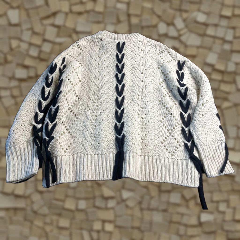 Vintage Retrod Sweater Women's Cream Black Size Small Petite Cable Knitted Ribbed Edges Size S / US 4 / IT 40 - 1 Thumbnail