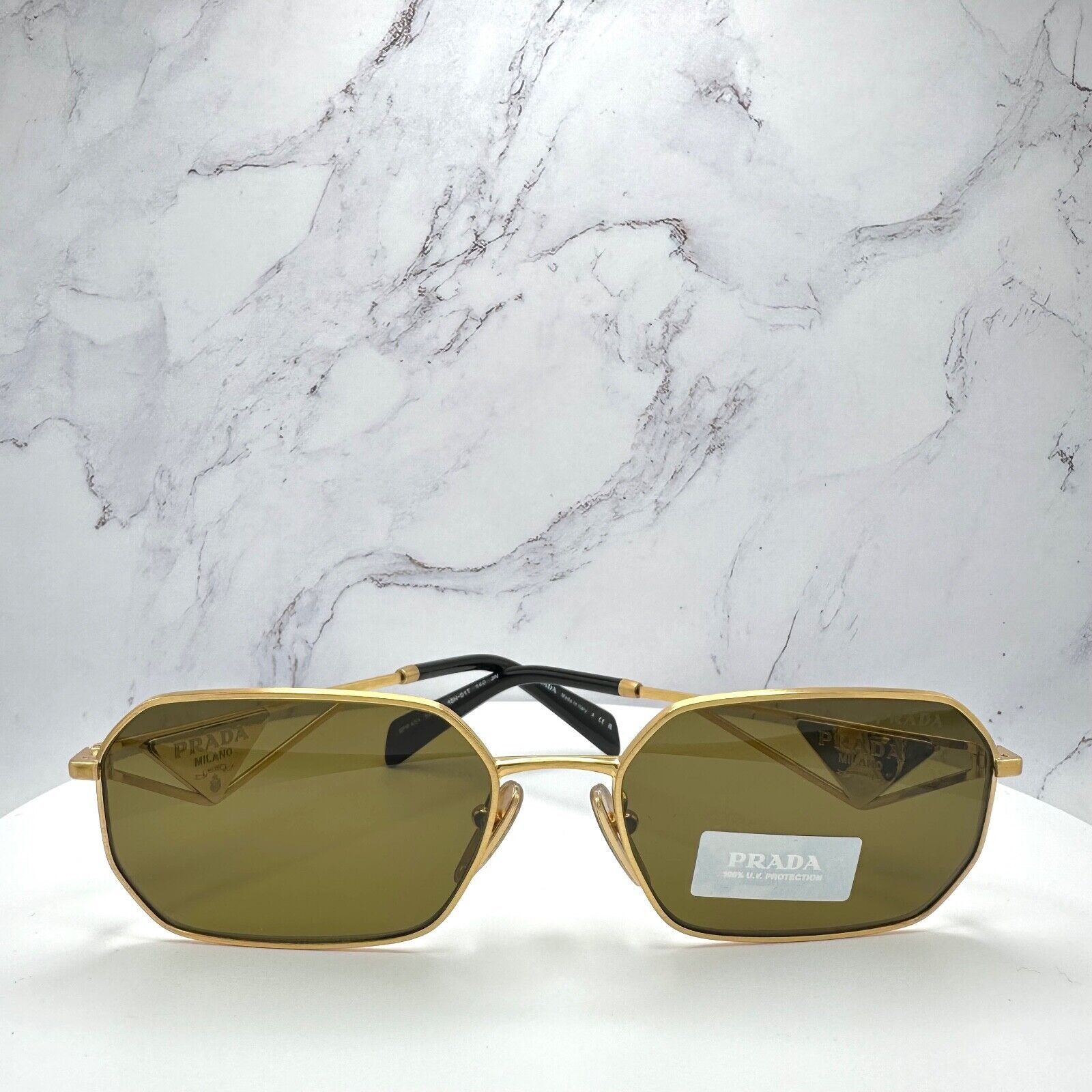 New Prada Sunglasses Gold Metal Black Plaque Triangle Logo