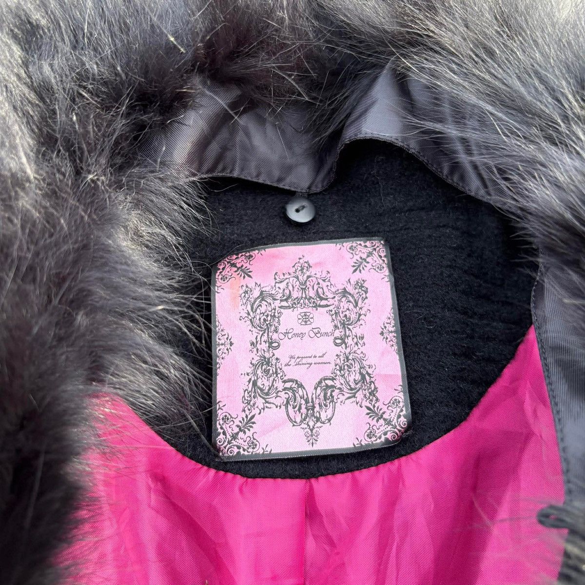 Japanese Brand Honey Bunch Black Wool Coat with Faux Fur Collar Y2K Size S / US 4 / IT 40 - 2 Thumbnail