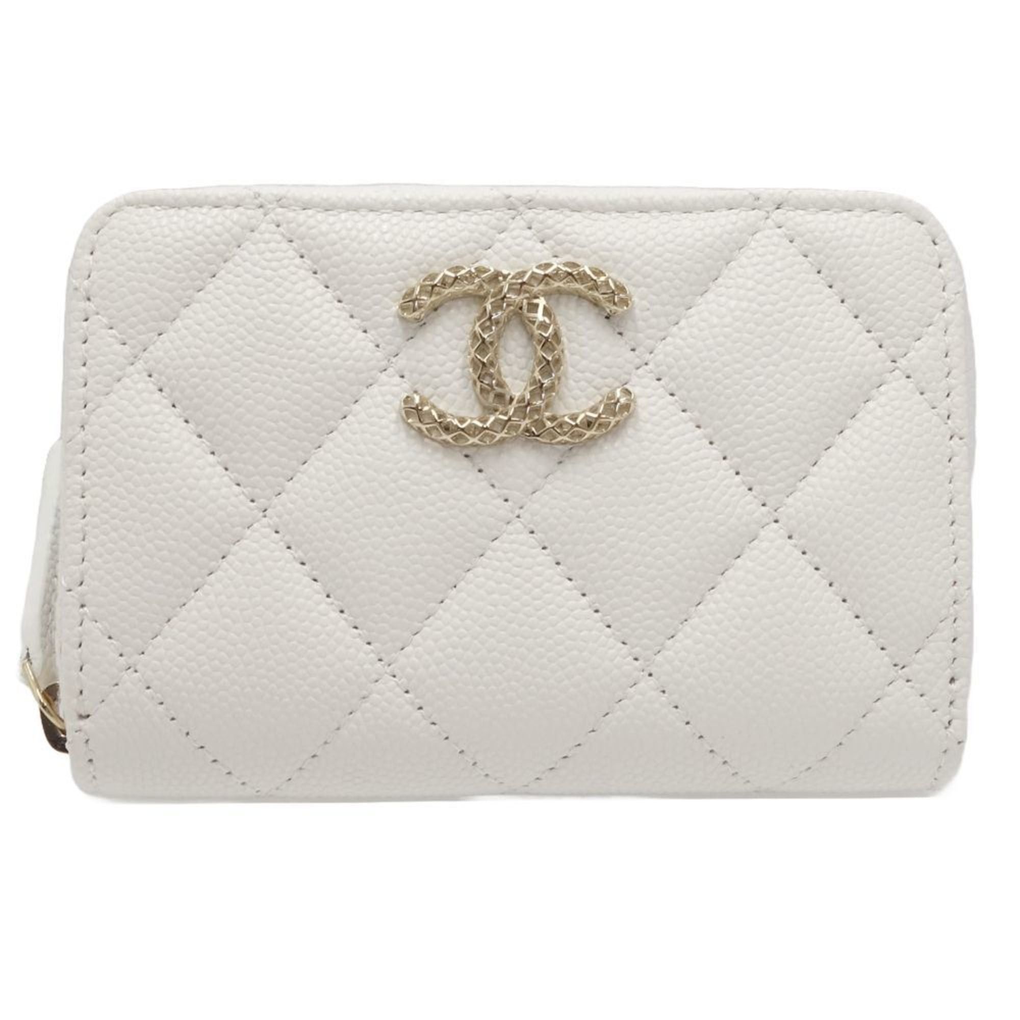 image of Chanel Matelasse Classic Zip Coin Purse Ab5830 Case Caviar Skin White 180243, Women's