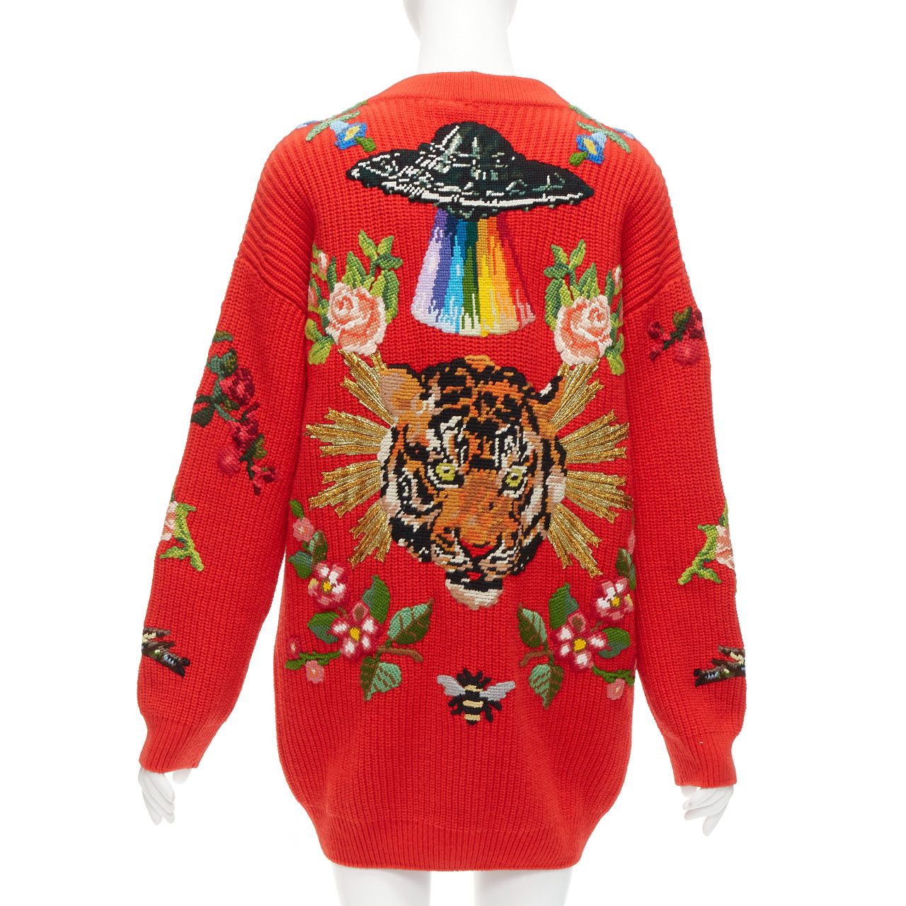 image of Gucci Alessandro Michele Red Wool Rabbit Embroidery Patch Oversized Cardigan S, Women's (Size Small