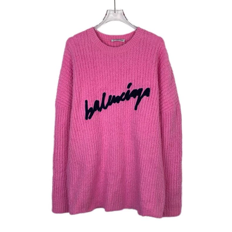 Balenciaga Balenciaga Pink logo embroidered crewneck cotton teddy kni Size S / US 4 / IT 40 - 1 Thumbnail