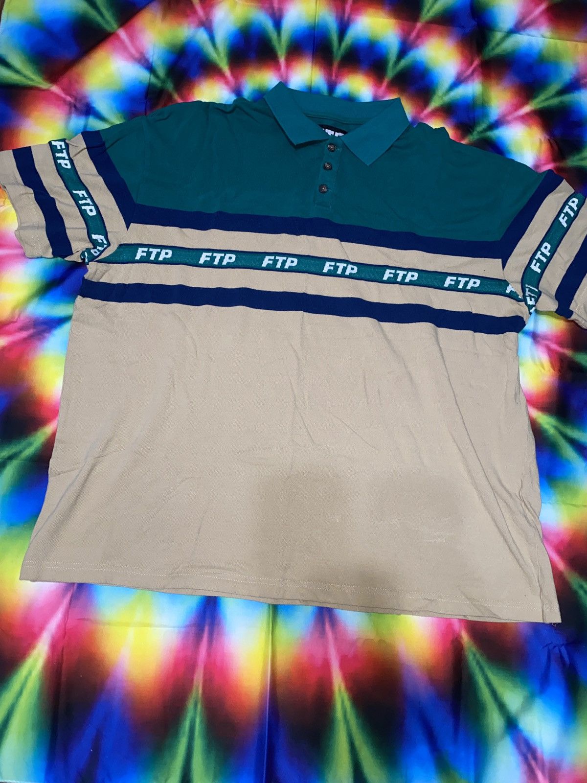 image of Fuck The Population Ftp Striped Repeat Polo Shirt Teal / Tan, Men's (Size 2XL)
