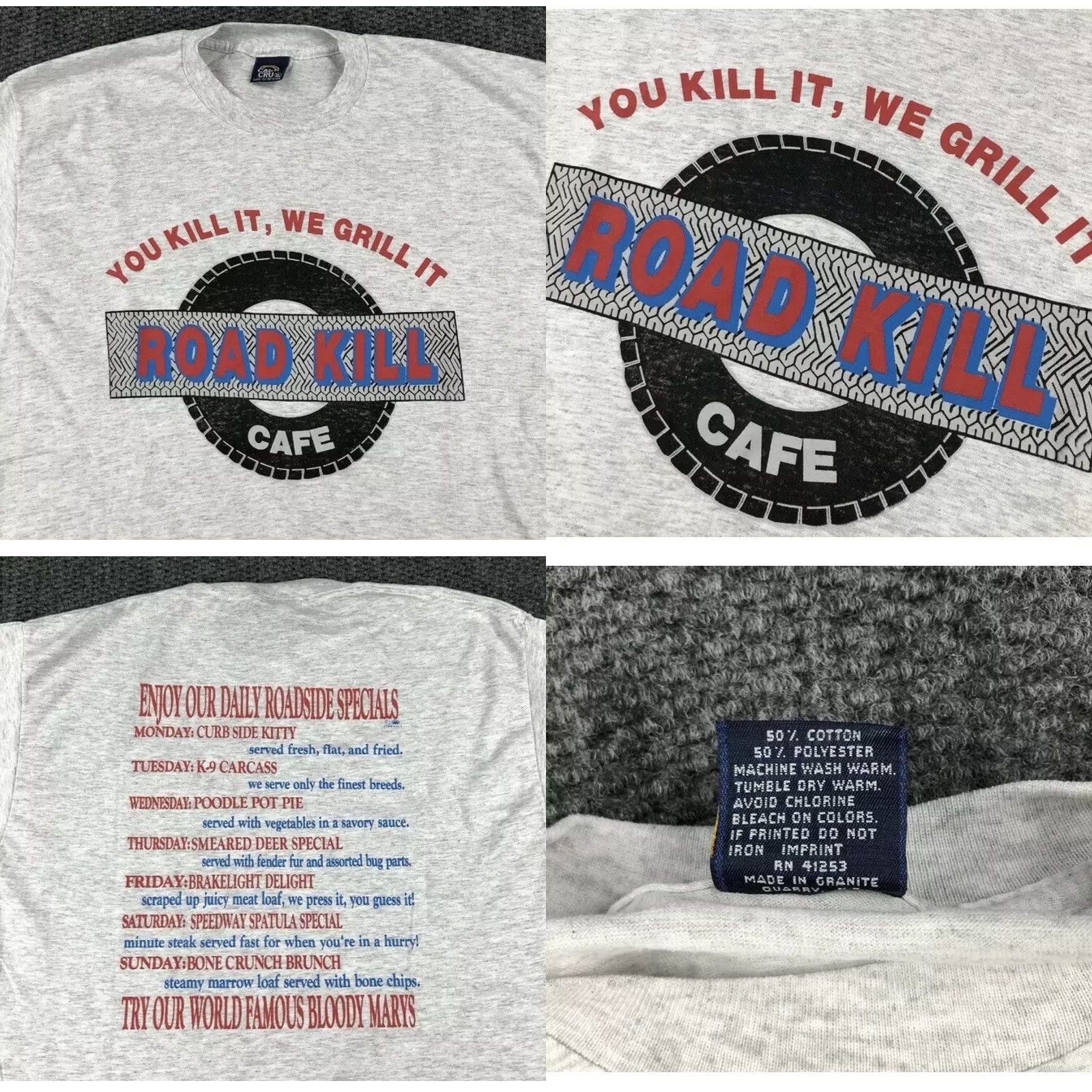 Vintage VINTAGE Cal Cru T-Shirt Road Kill Cafe Graphic Single Stitch Gray Large Unisex Adults Crew Neck 90s 80s Inspired Size US L / EU 52-54 / 3 - 8 Thumbnail
