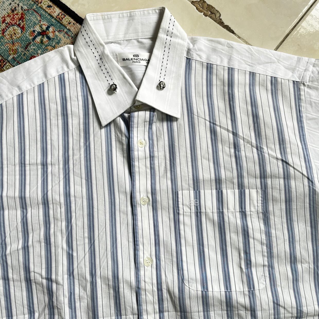 Balenciaga Vintage Balenciaga stripe button short shirt Size US XL / EU 56 / 4 - 3 Thumbnail