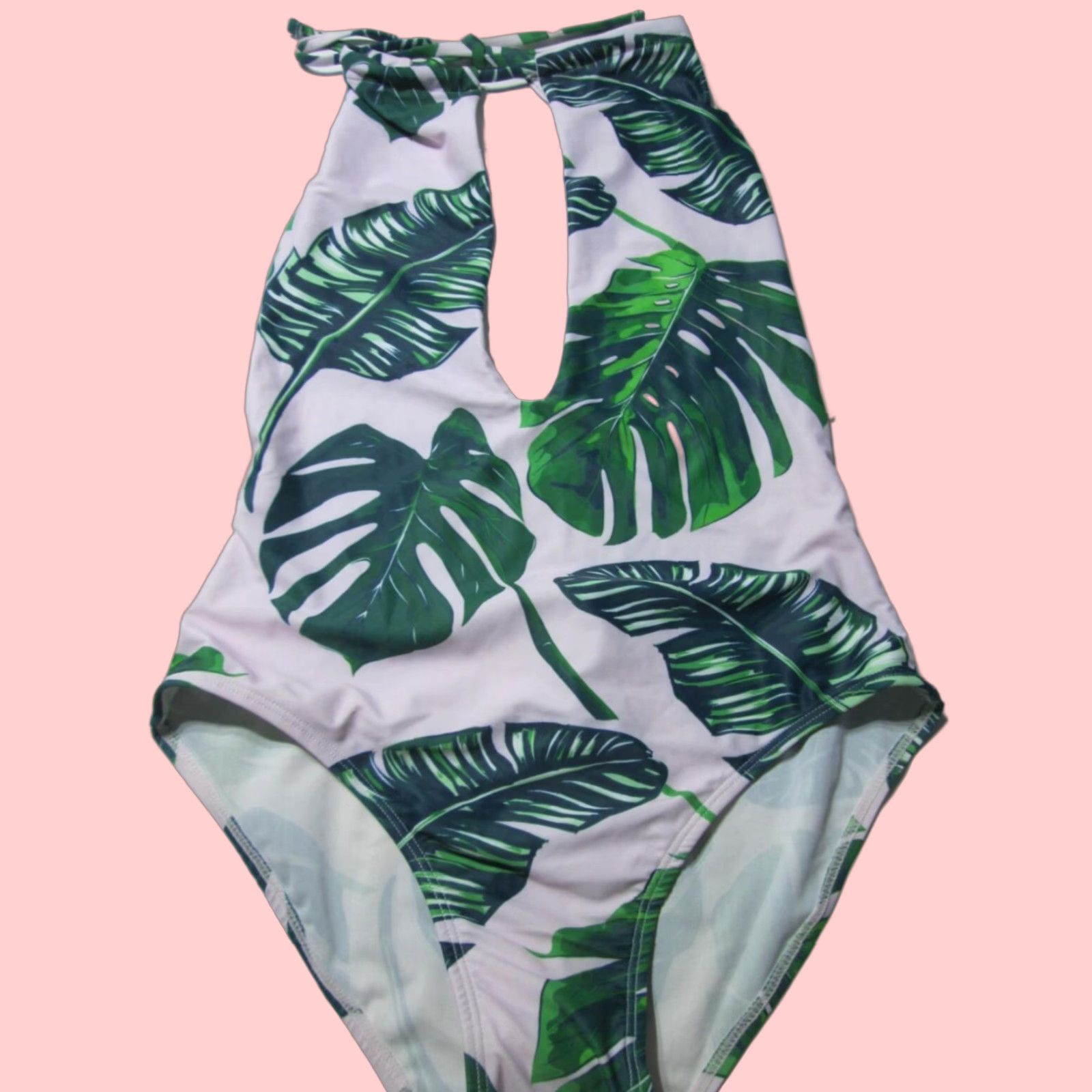 Vintage Pat Pat Womens One Piece Swimsuit Size S White Green Open Back Halter Floral Swimsuit Womens
