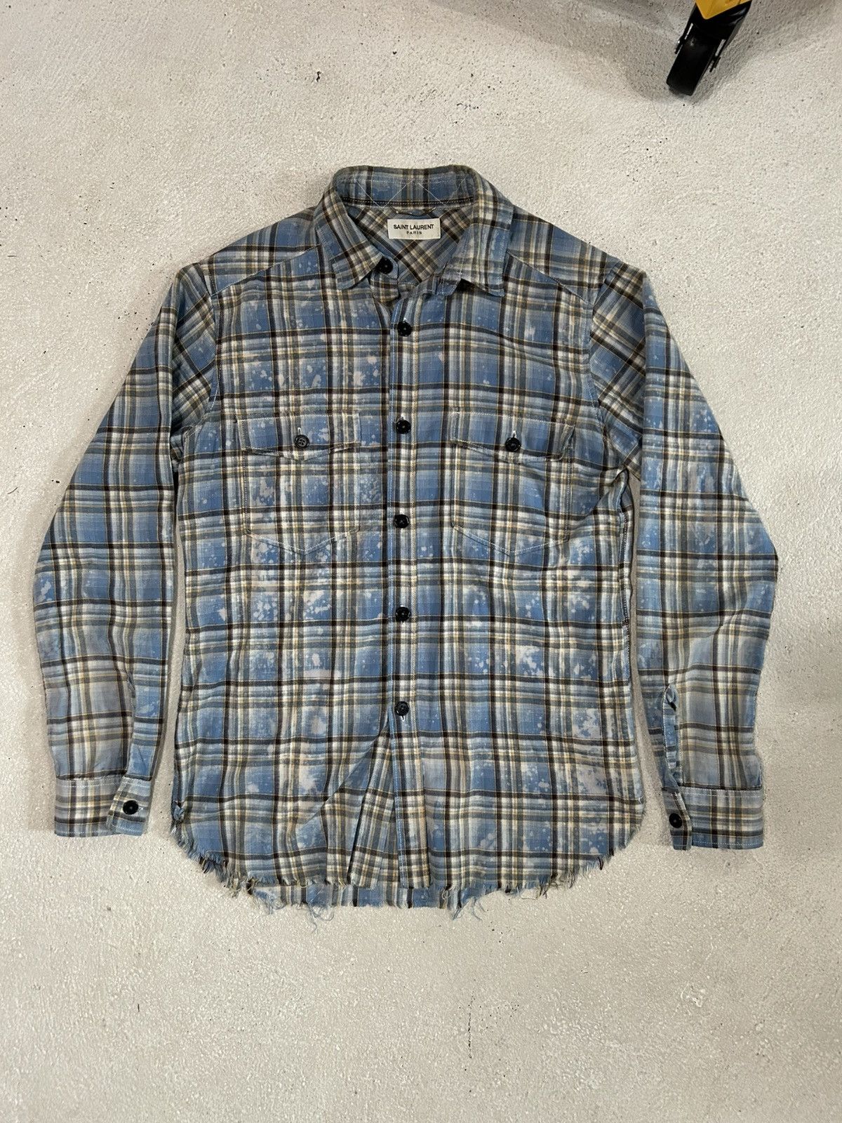 Pre-owned Saint Laurent Ss16 Surf Sound Bleached Raw Hem Hedi Flannel In Blue