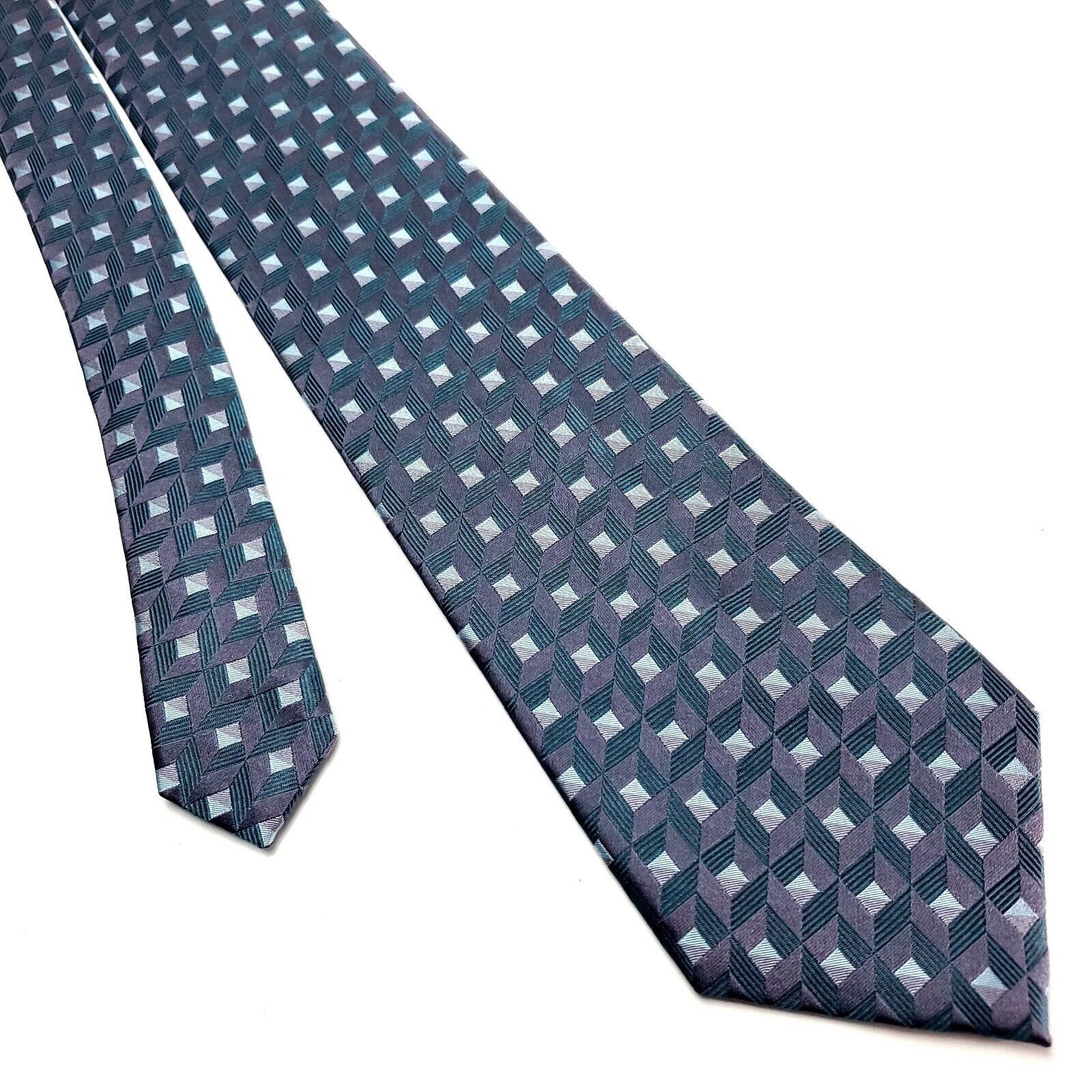Van Heusen Van Heusen Purple & Teal Silk Tie Woven Geometric Check Size ONE SIZE - 1 Thumbnail