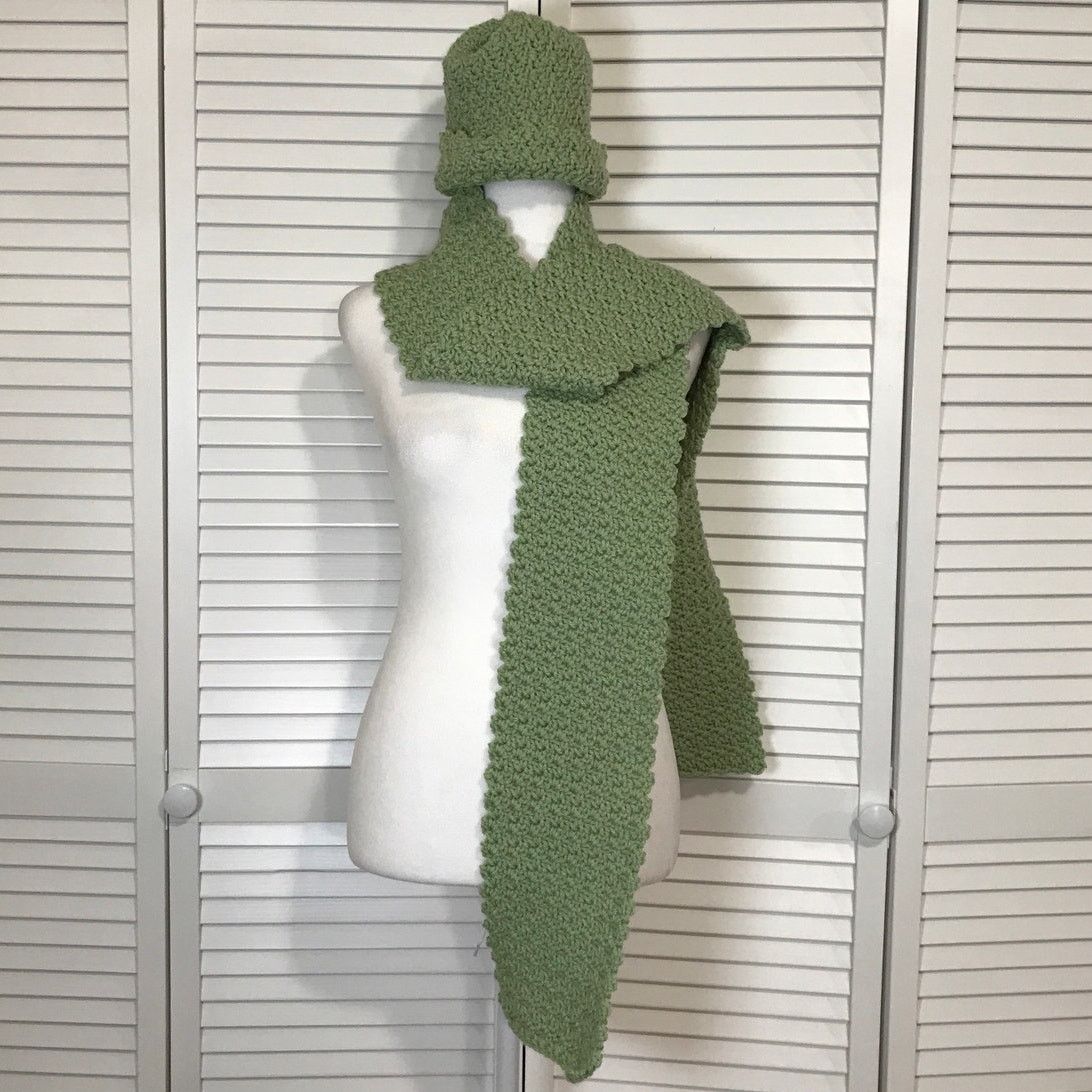 Handmade NWT Handmade Crocheted Sage Green Matching Beanie Scarf 80” Size ONE SIZE - 3 Thumbnail