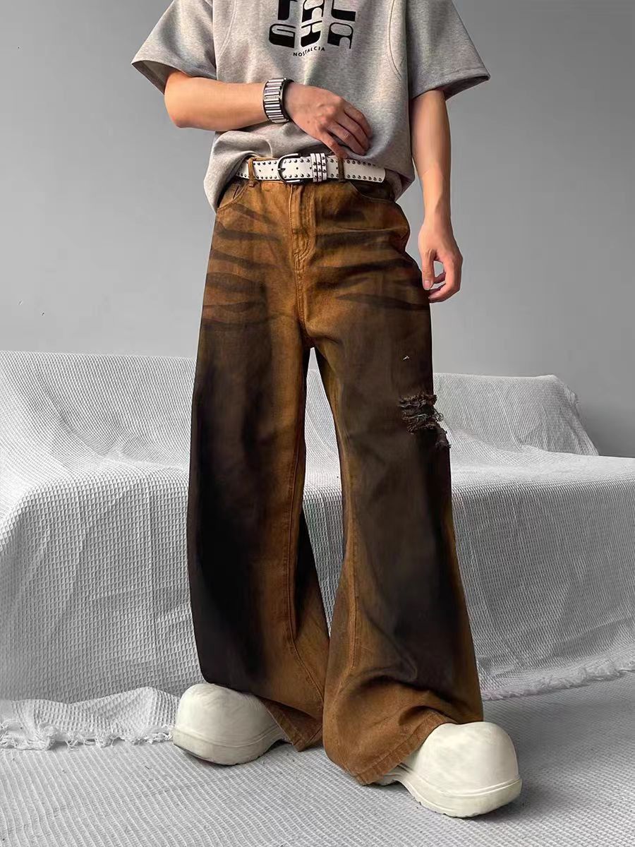 Street color clashing dirty ripped baggy wash jeans