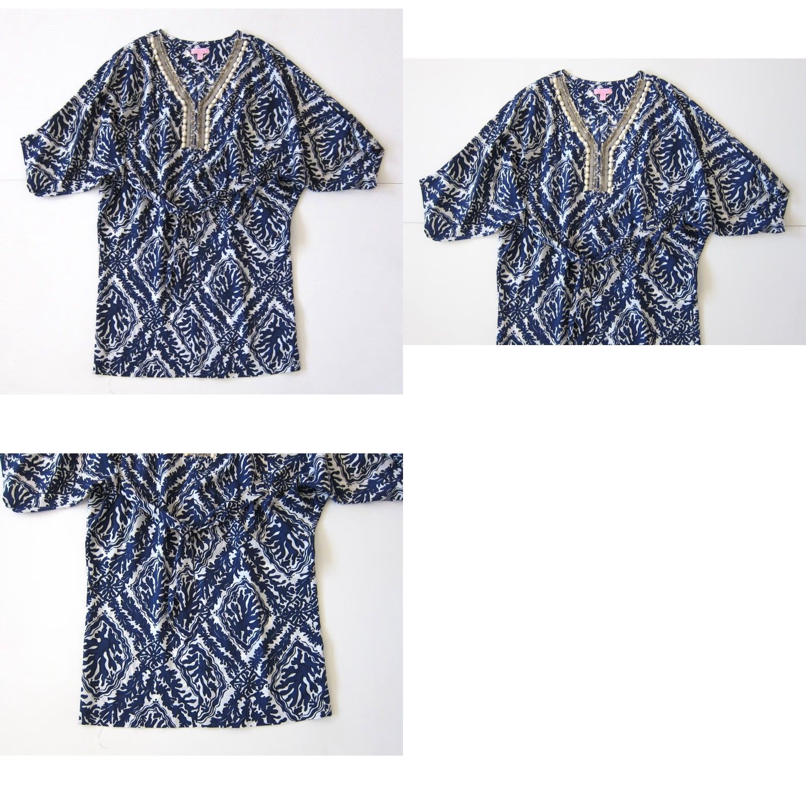 Lilly Pulitzer Lilly Pulitzer Blue White Floral V-Neck 3/4 Sleeve Beaded Tunic Shirt Dress S Size S / US 4 / IT 40 - 8 Thumbnail