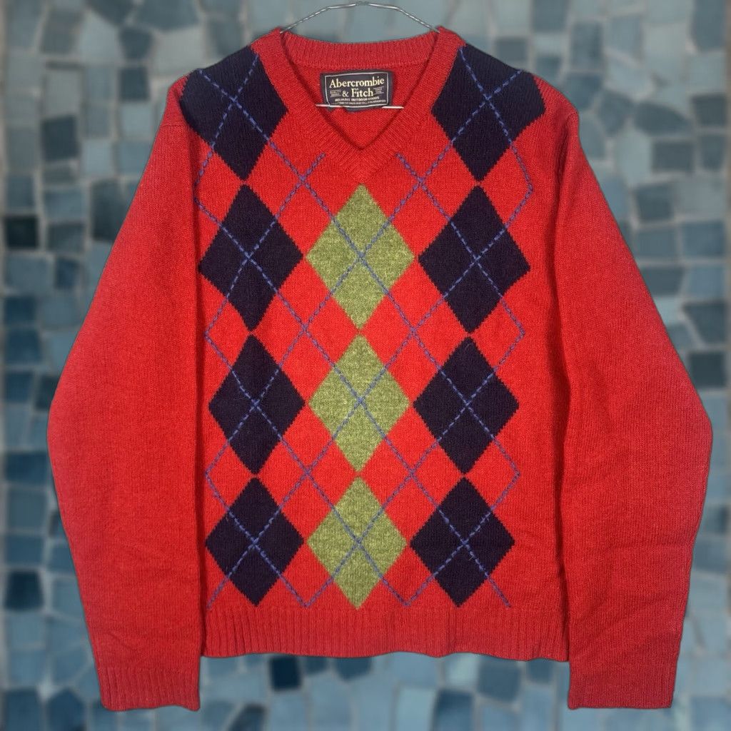 Abercrombie & Fitch VINTAGE Abercrombie & Fitch Sweater Men Large 100% Shetland Wool Argyle 90s Y2K Pullover Knit Red Wool Long Sleeve V-Neck Casual, Party, Wedding Mens Size US L / EU 52-54 / 3 - 1 Thumbnail