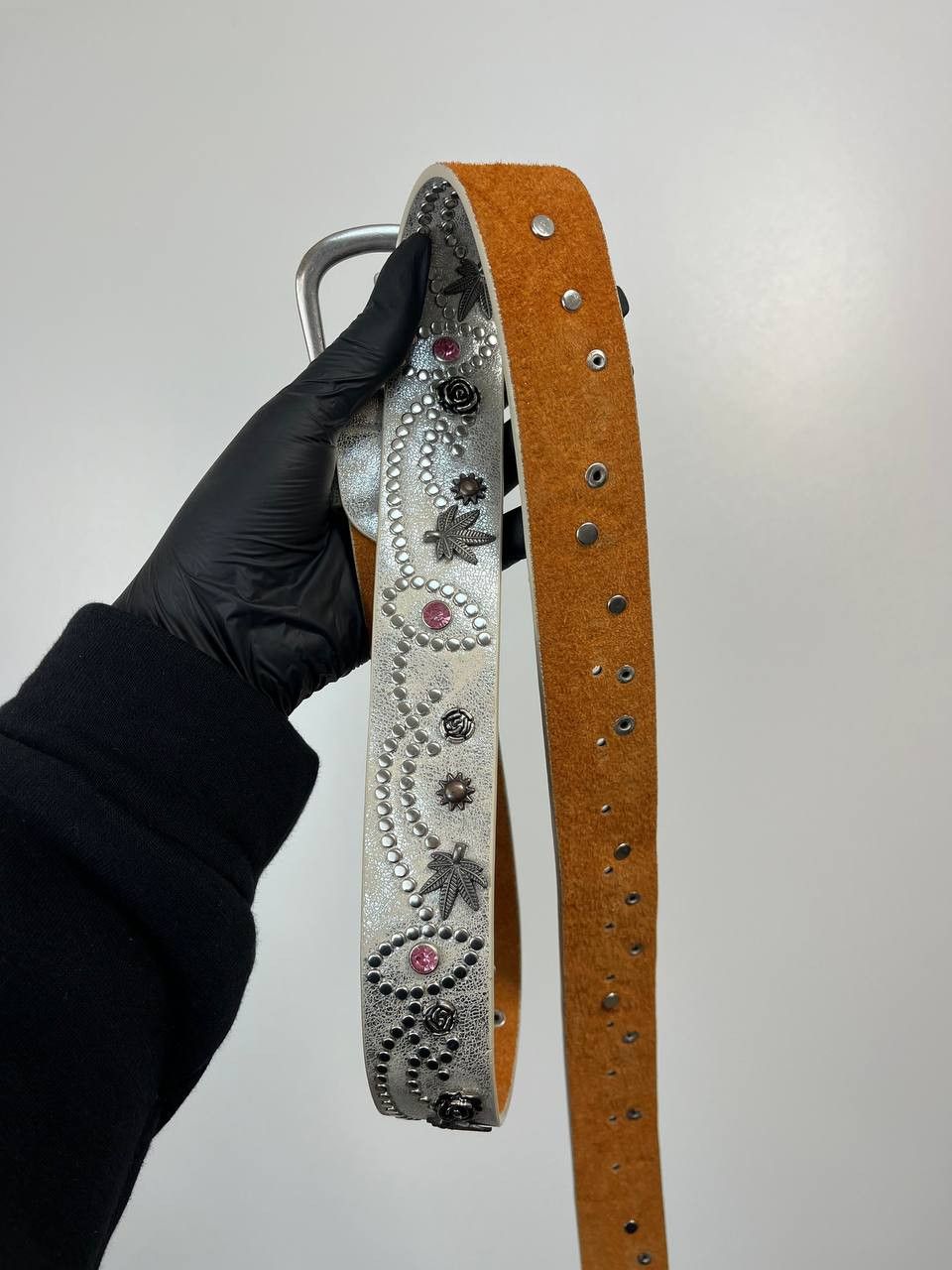 Other Vintage Studded Leather Belt Western Biker Floral Rhinestone Size ONE SIZE - 3 Thumbnail