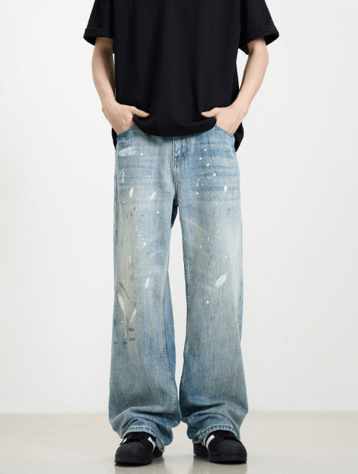 Japanese Brand Men's ink-splashed vintage washed loose casual jeans Size US 32 / EU 48 - 1 Thumbnail