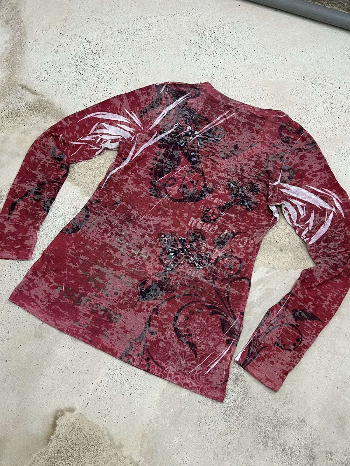 Designer × Japanese Brand Edgy Red L/ Sleeve Top –Distressed Print Angel Wing Graphics Size US XS / EU 42 / 0 - 11 Thumbnail