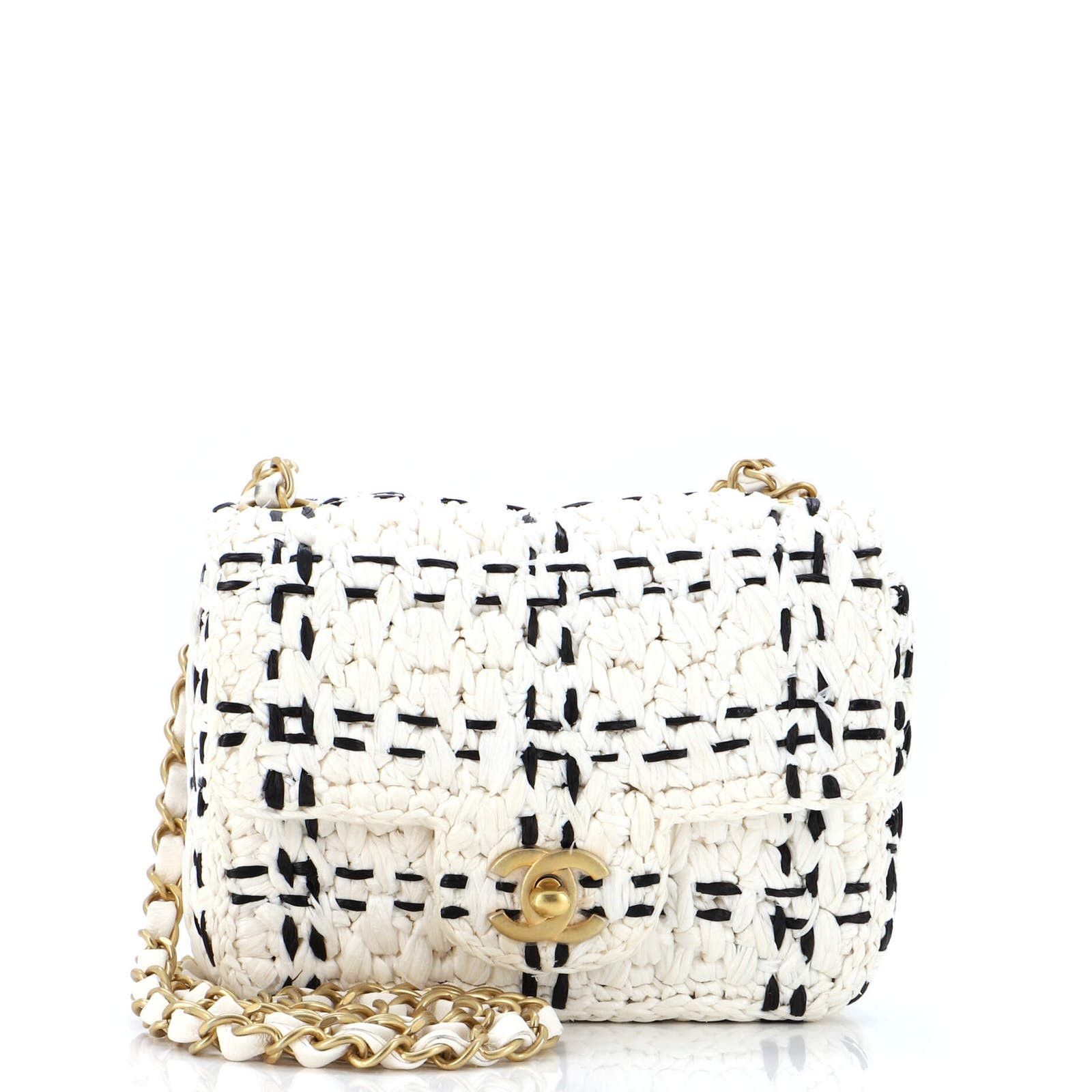 image of Chanel Cc Chain Flap Bag Raffia Effect Braided Tweed Mini in White, Women's