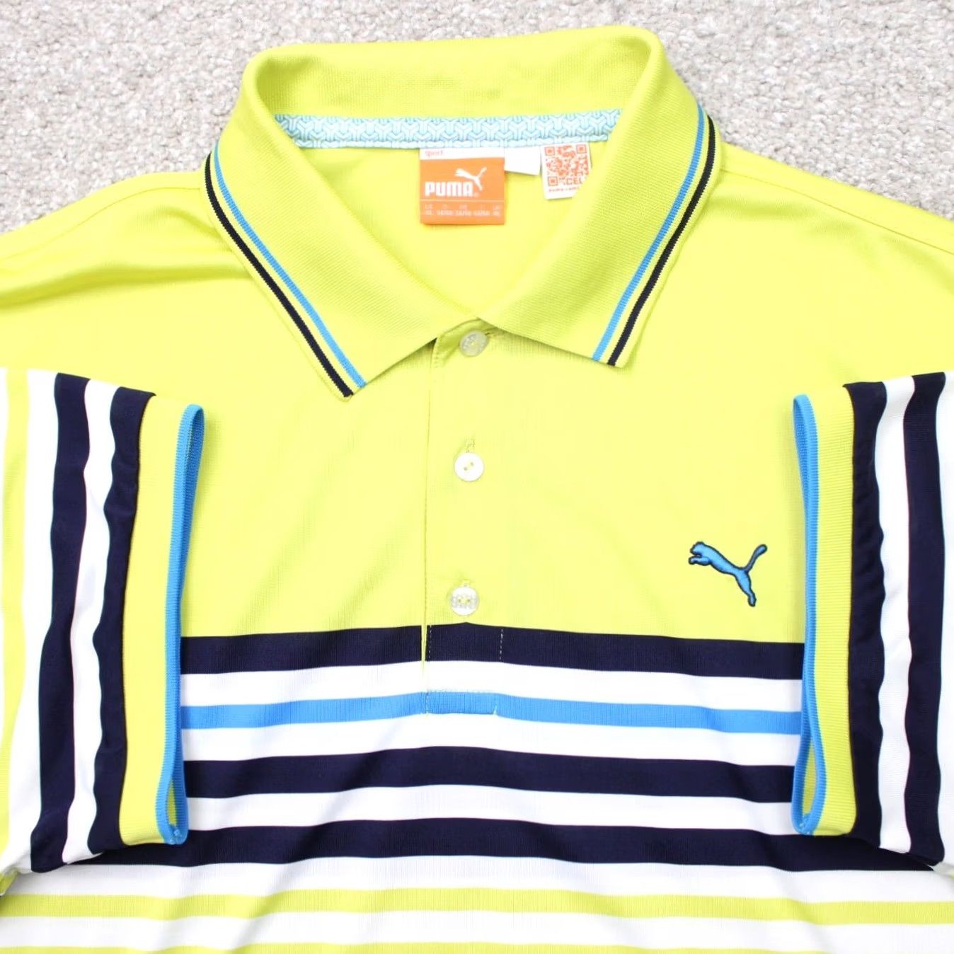 Puma Puma Polo Shirt Mens XL Yellow/Blue Tech Stripe Performance Golf Short Sleeve Polo Shirt Size US XL / EU 56 / 4 - 2 Thumbnail