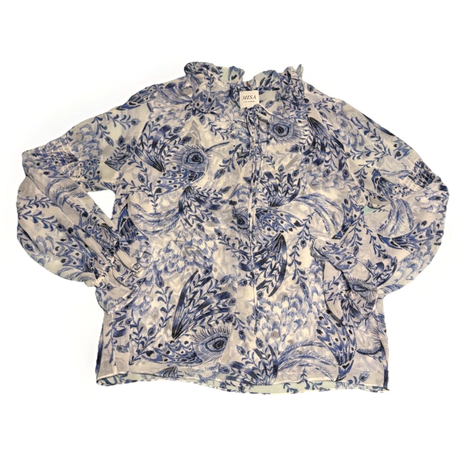 Vintage MISA Shirt Womens Small White Blue Floral Long Sleeve Frances Top V-Neck Pullover Ruffle Blouse Casual Womens Size S / US 4 / IT 40 - 3 Thumbnail