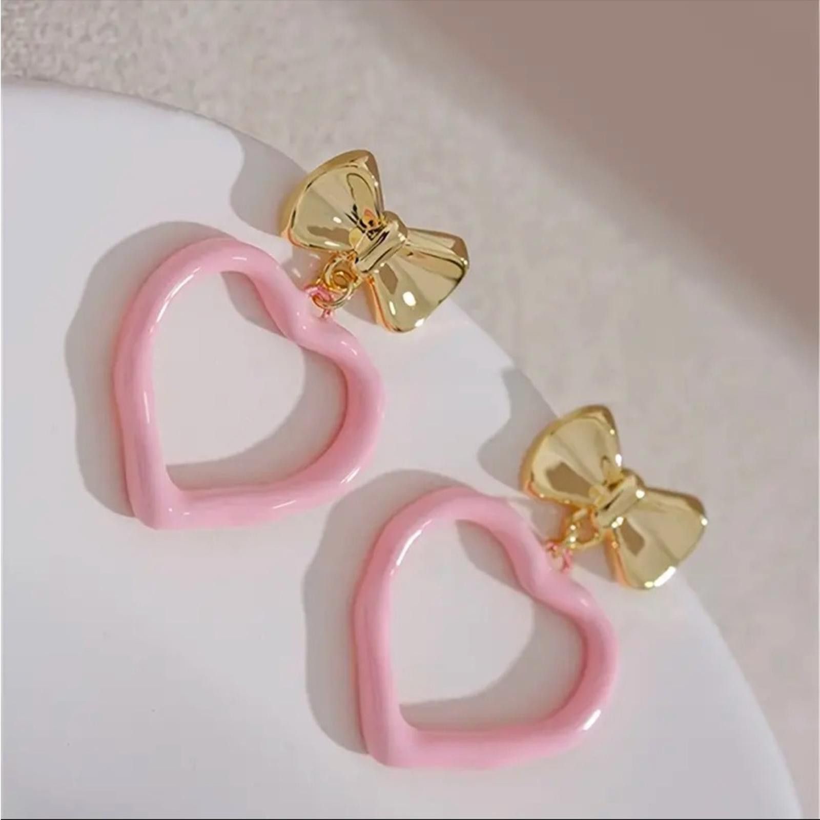 Designer Pink and Gold Bow Heart Coquette Earrings Size ONE SIZE - 4 Thumbnail