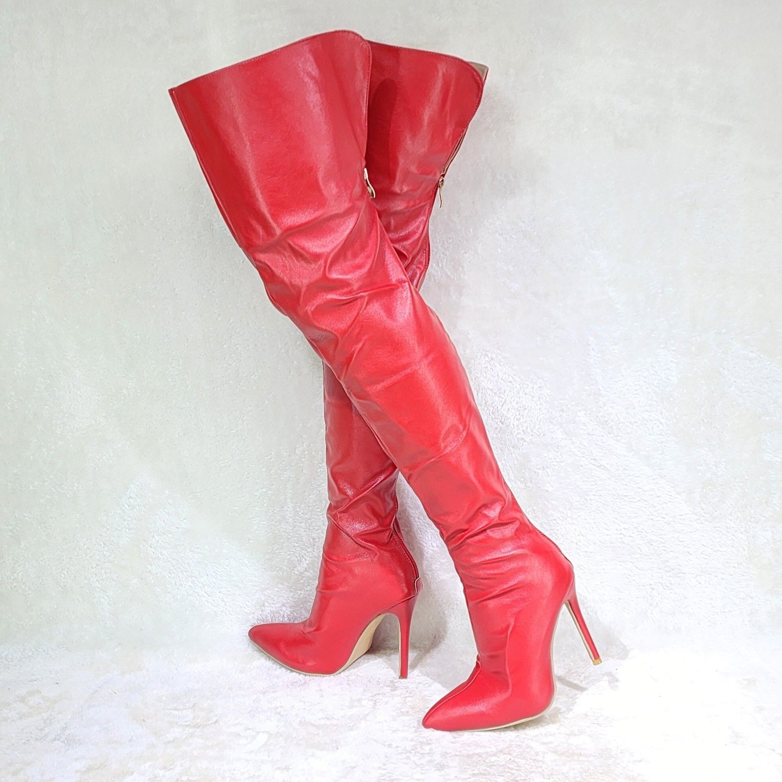 Other Red Faux Leather Thigh High Boot Stiletto Heels Back Zipper Size US 10 / IT 40 - 1 Thumbnail