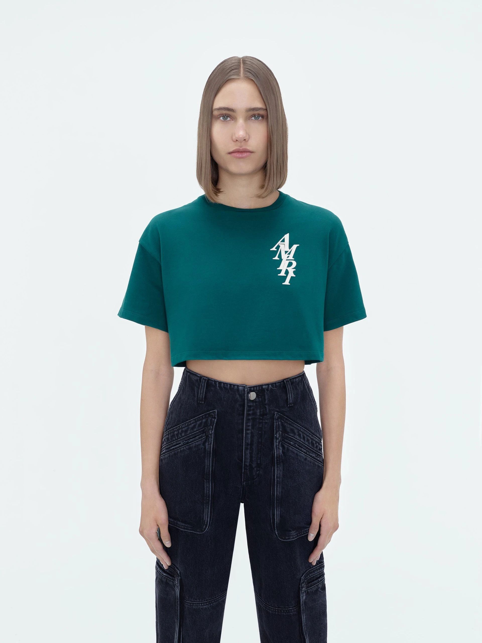 Amiri oc11z0225 Stack Cropped T-Shirt in Green Size XL / US 12-14 / IT 48-50 - 3 Thumbnail