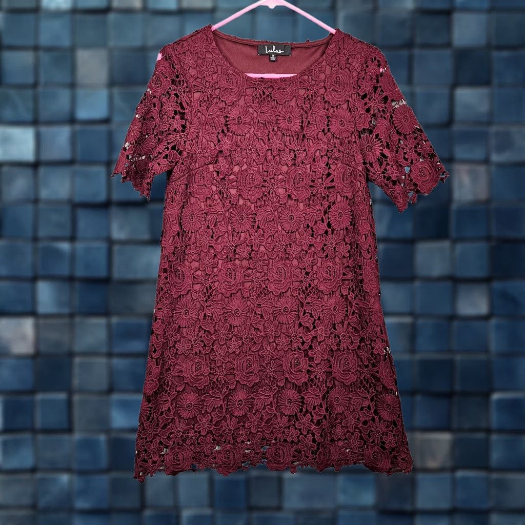 Lulus LULUS Women's S Burgundy Lace Short Sleeve Mini Dress - Color Red, A-Line, Polyester, All Season, Casual Party/Cocktail Size 28" / US 6 / IT 42 - 1 Thumbnail