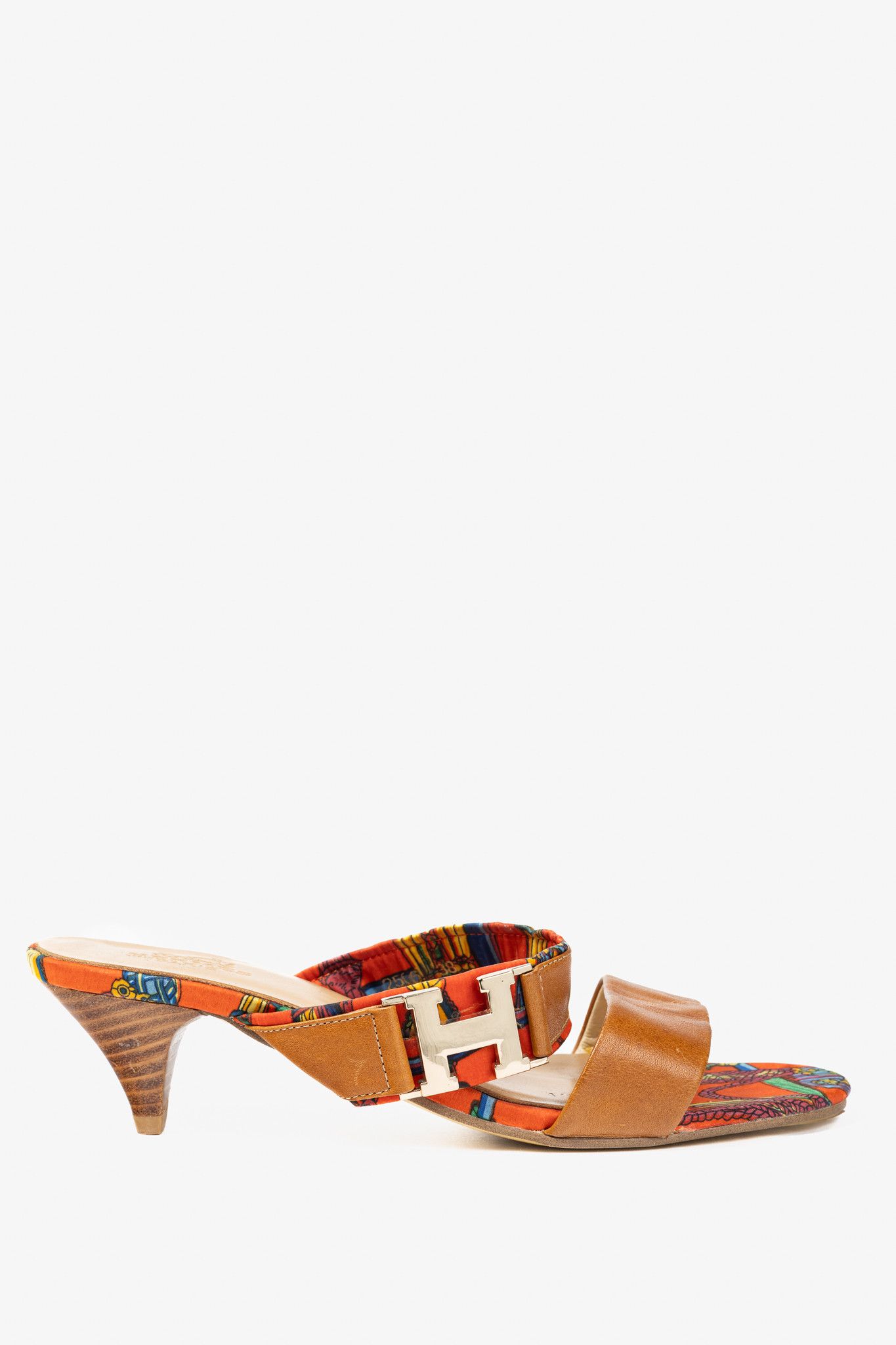 Hermes Hermes Brown Leather & Orange Printed-Silk Mule Sandals Size US 7.5 / IT 37.5 - 2 Thumbnail