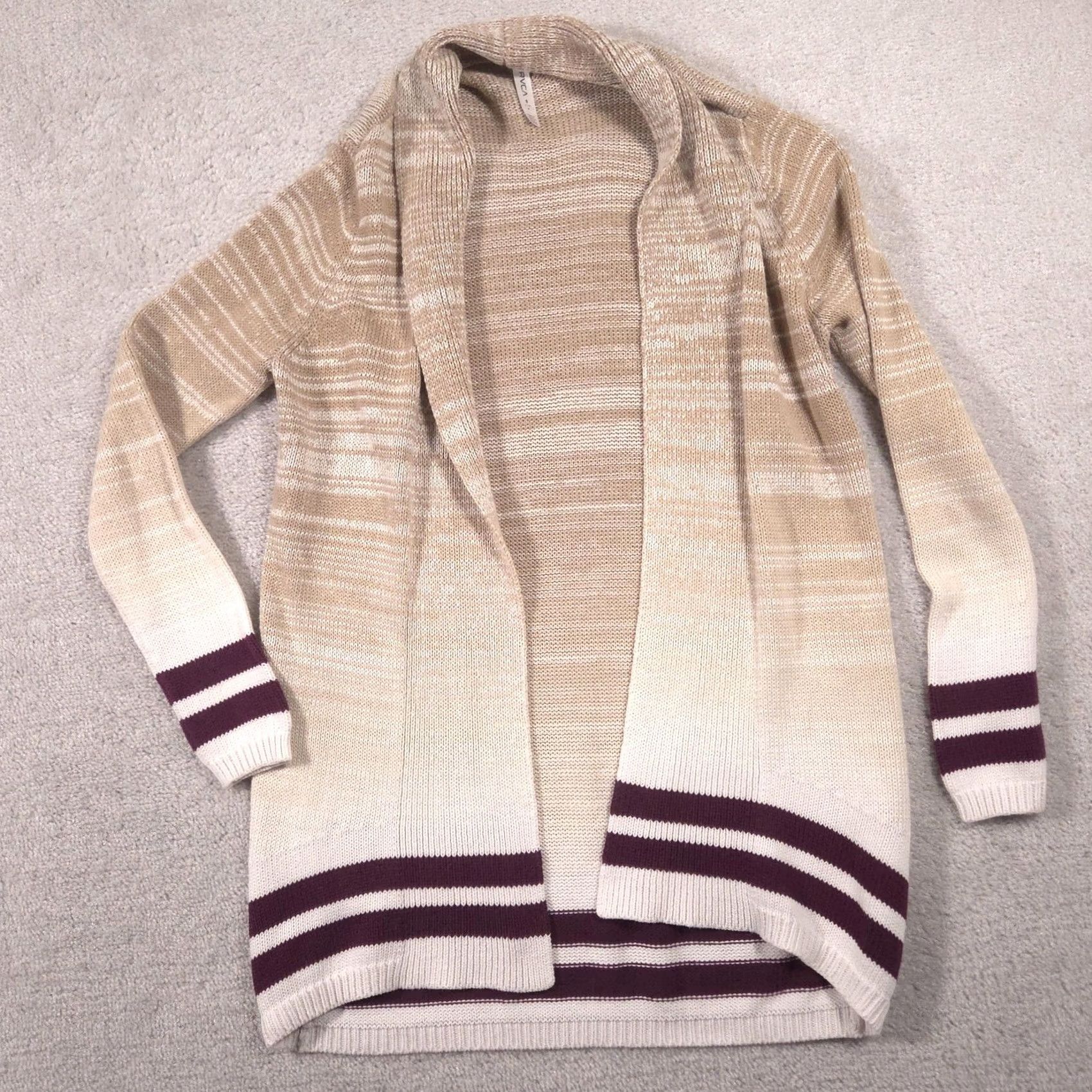 RVCA RVCA Cardigan Sweater Womens S Beige Cotton Acrylic Open Longline Knit Stripe V-Neck Casual Fall Ladies Size S / US 4 / IT 40 - 3 Thumbnail