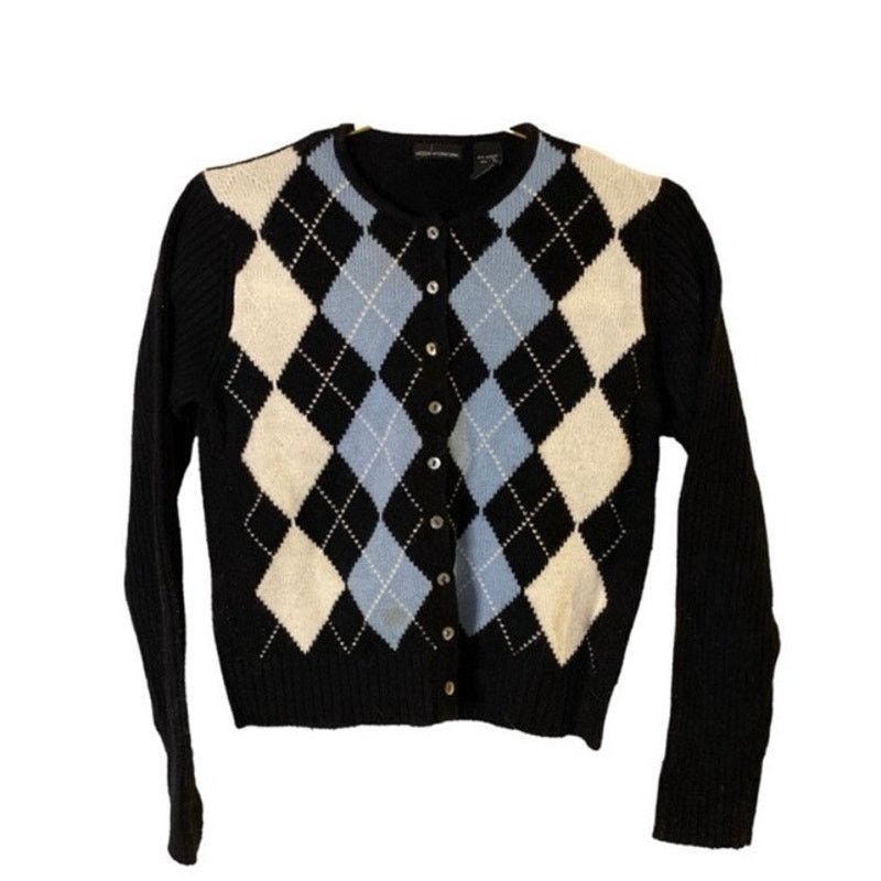 Other Preppy Y2K Black Blue Argyle Cardigan Moda International M Size M / US 6-8 / IT 42-44 - 2 Thumbnail