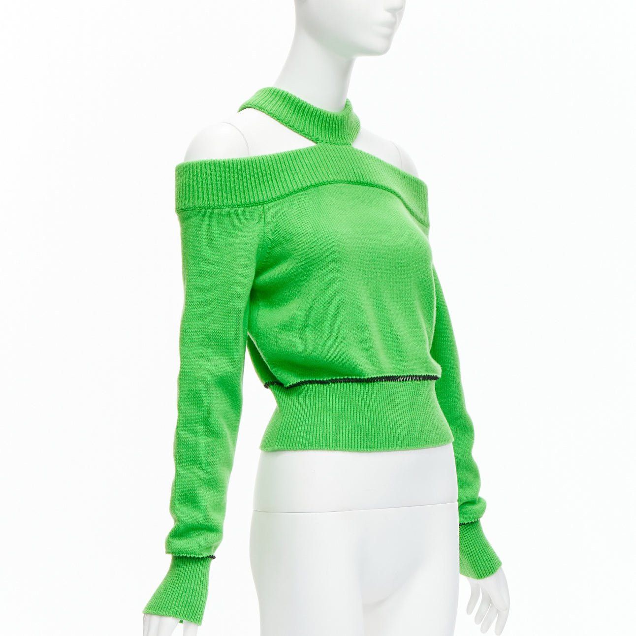 Alexander McQueen ALEXANDER MCQUEEN 2022 100% wool green cold shoulder black lattice seam sweater S Size S / US 4 / IT 40 - 1 Thumbnail