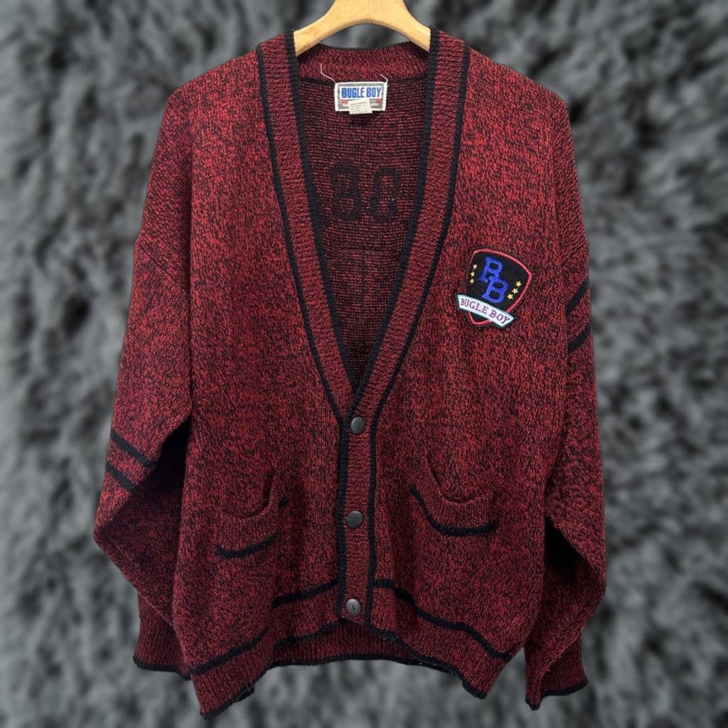Bugle Boy VINTAGE Bugle Boy Cardigan Sweater Mens L Red Black 90s Knit V-Neck Long Sleeve Size US L / EU 52-54 / 3 - 1 Thumbnail