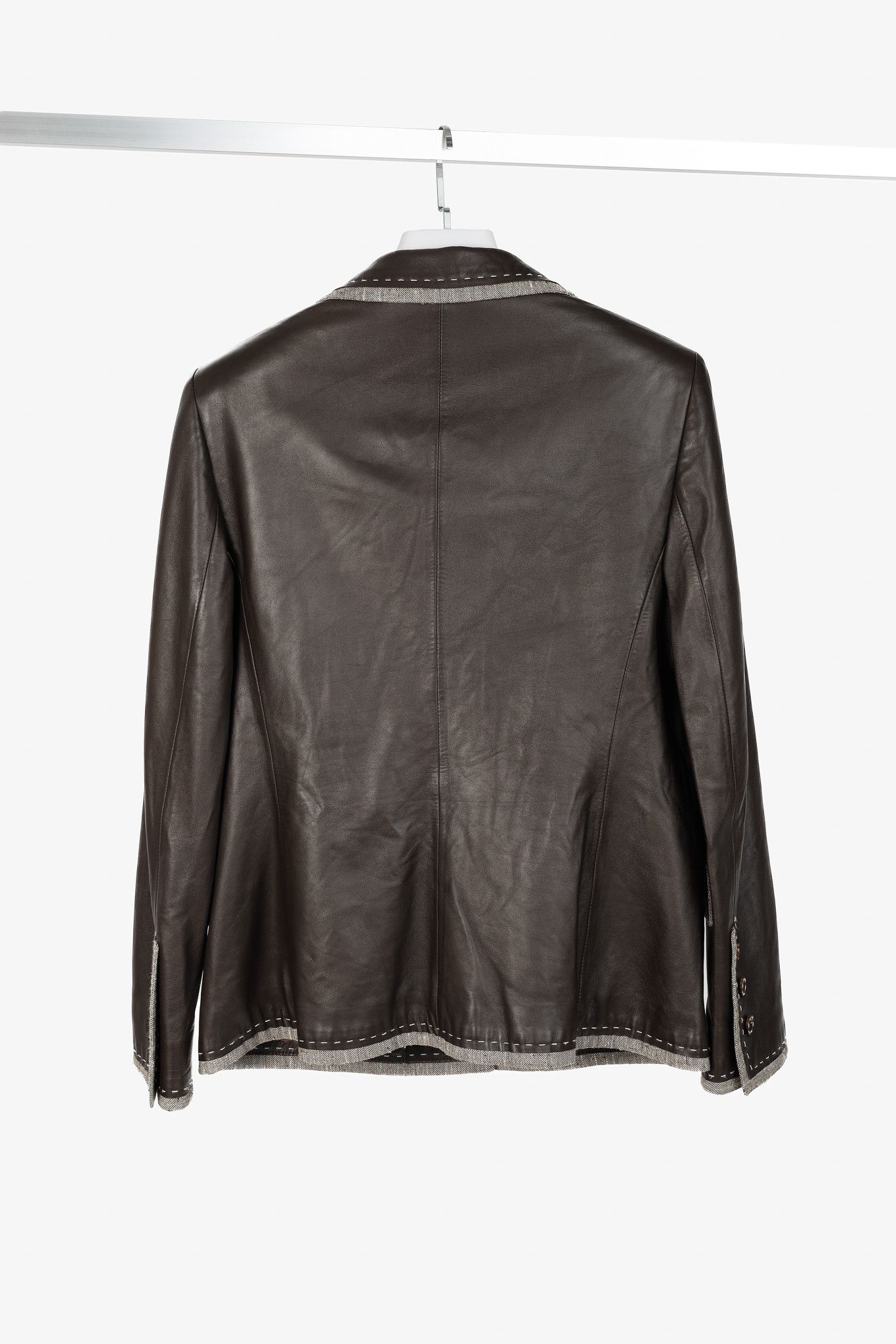 Escada Escada Brown Leather Topstitched & Trimmed Blazer Size L / US 10 / IT 46 - 2 Thumbnail