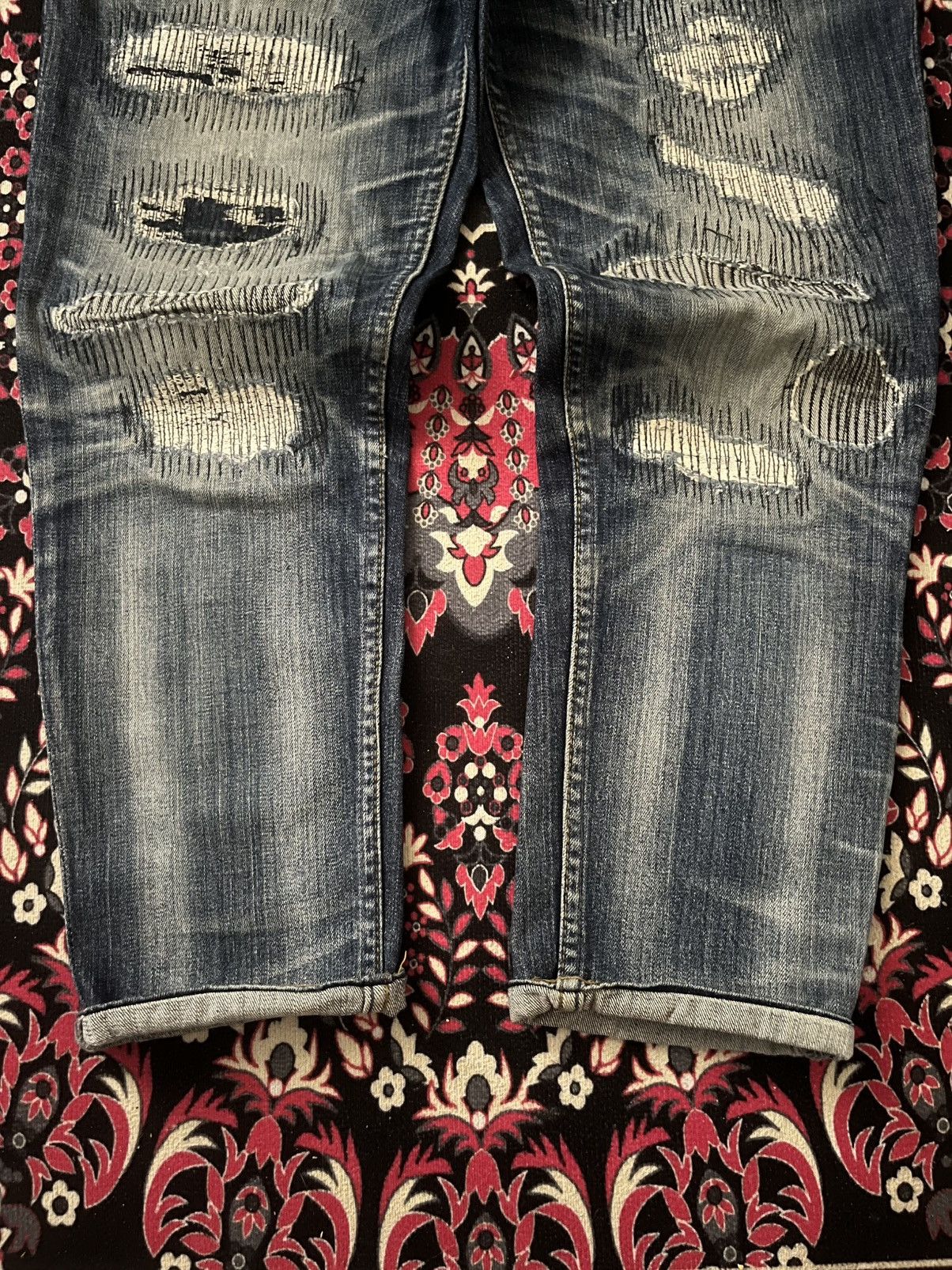 Japanese Brand × NANO universe × Number (N)ine ⚡️Sick⚡️Number (N)ine Blue Washed ZigZag Sashiko Patches Capri Size US 32 / EU 48 - 8 Thumbnail