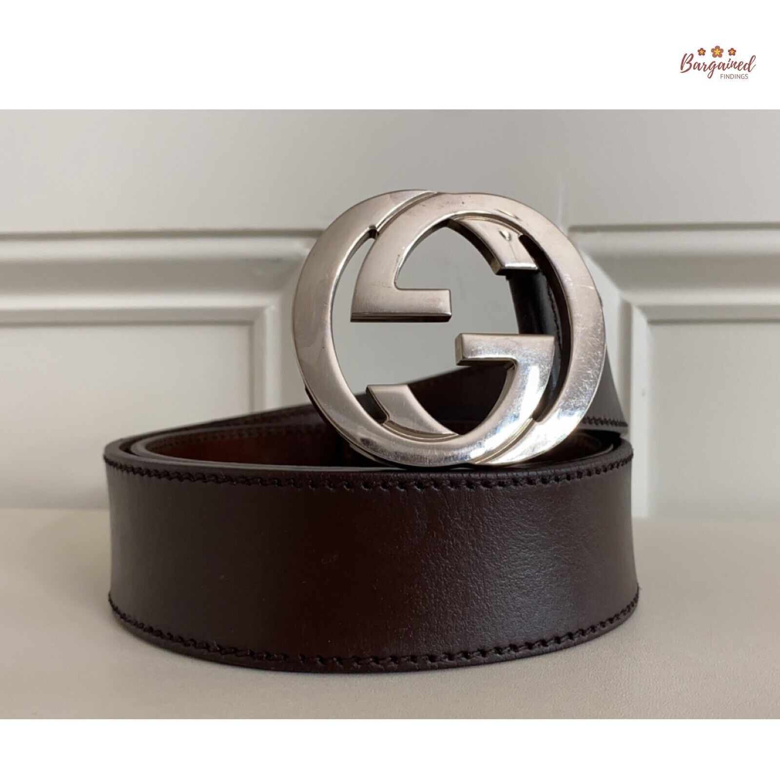 Gucci Gucci Brown Calfskin Leather Silver Interlocking Buckle Belt Size 30 - 1 Thumbnail